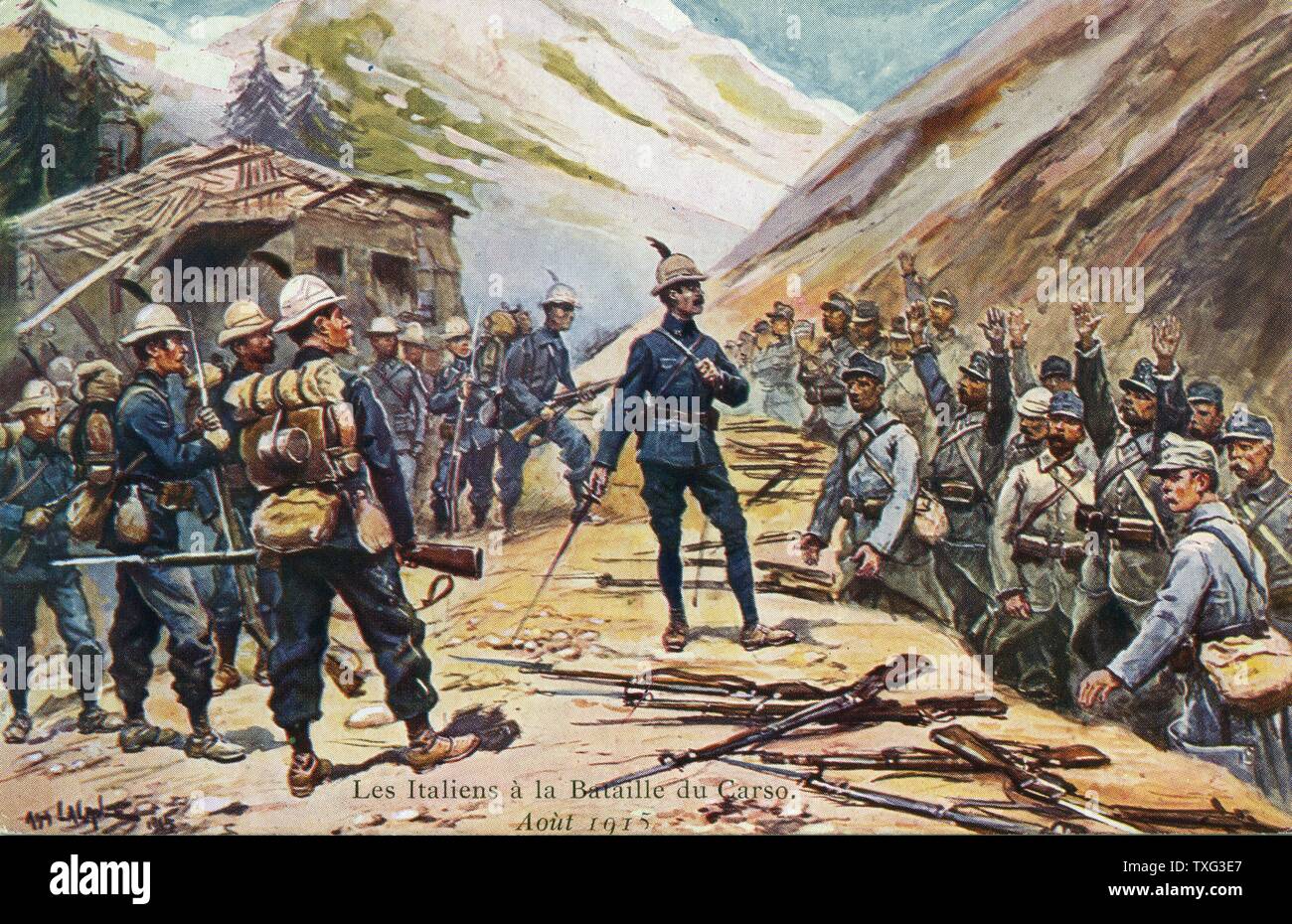 Postcard representing Italian troops (left) triumphing over the Austro-Hungarian army during the Second Battle of the Isonzo. Illustration by Alphonse Lalauze. August 3, 1915 Stock Photo