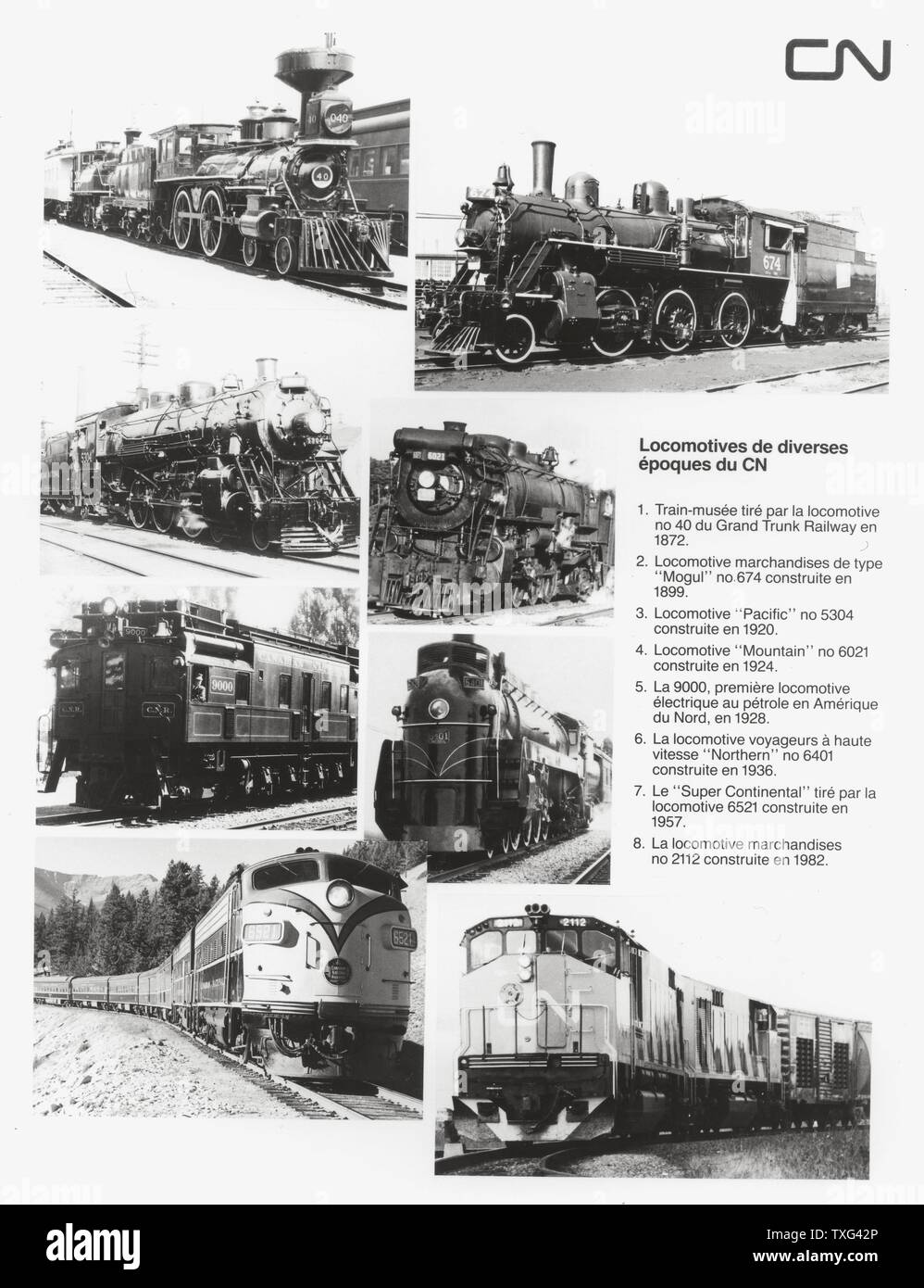 Locomotives from various periods operated by the Canadian National Railway (CN). 1. Museum train pulled by locomotive No. 40 of the Grand Trunk Railway in 1872. 2. Freight locomotive type 'Mogul' n°674 built in 1899. 3. Pacific' locomotive n°5304 built in 1920. 4. Mountain' locomotive n°6021 built in 1924. 5. The 9000, the first petroleum electric locomotive in North America, in 1928. 6. High-speed passenger locomotive 'Northern' No. 6401 built in 1936. 7. The 'Super Continental' pulled by locomotive 6521 built in 1957. 8. The freight locomotive n°2112 was built in 1982. Stock Photo