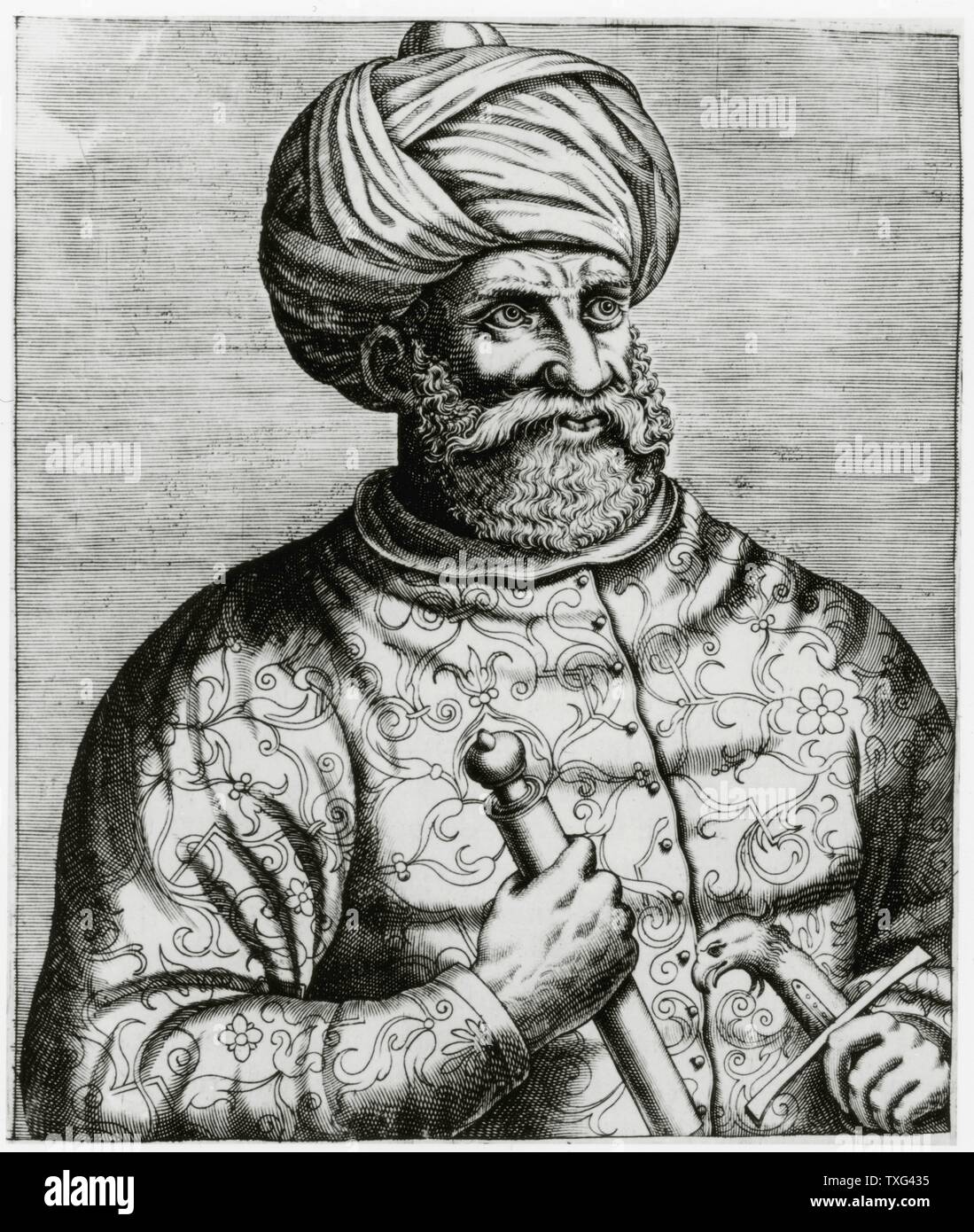 Portrait of the admiral of the fleet Hayreddin Barbarossa, known as 'Barbarossa'. Anonymous engraving c. 15th century. Stock Photo