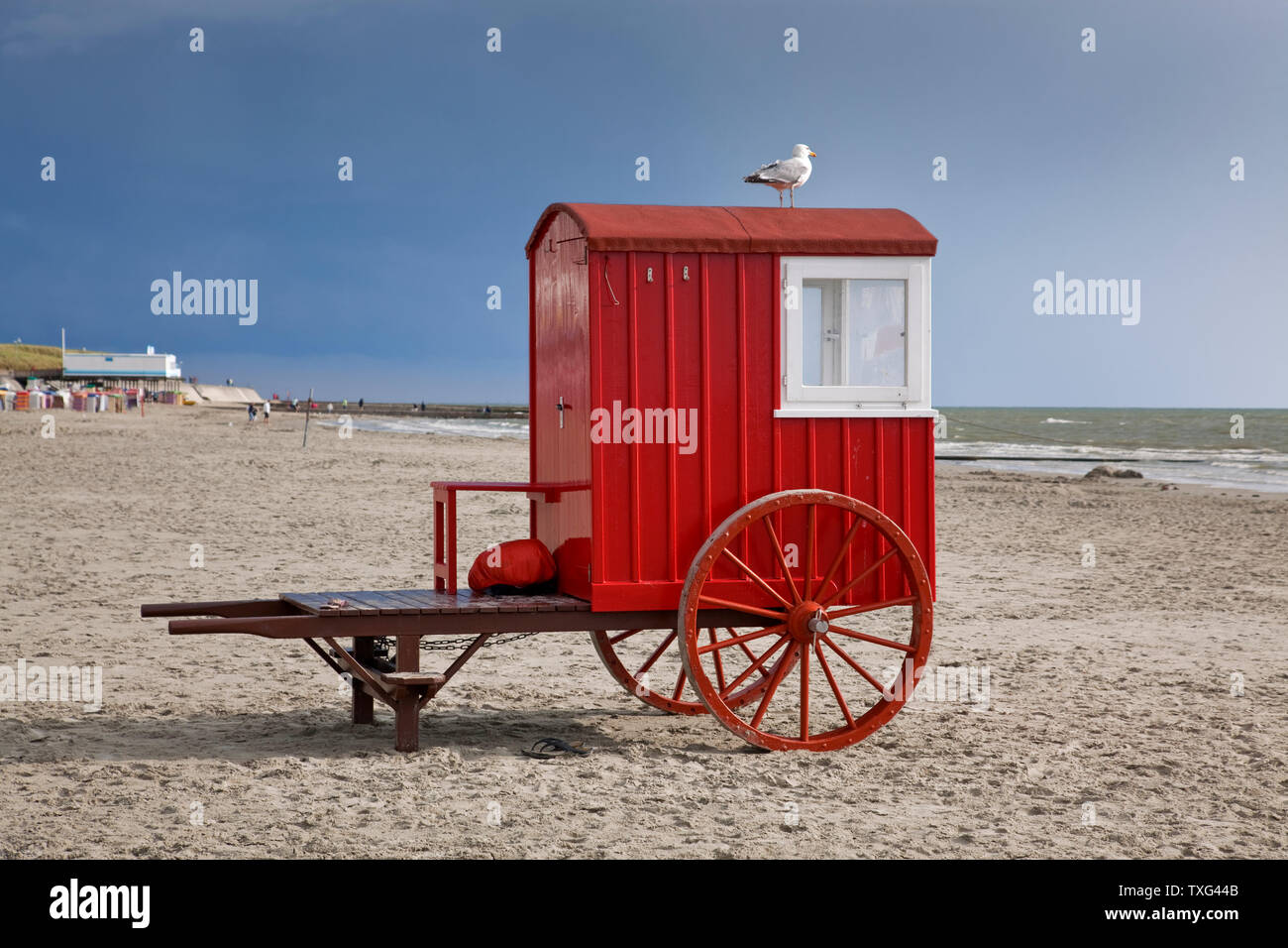 geography / travel, Germany, Lower Saxony, bathing machine at main beach on isle Borkum, East Frisian , Additional-Rights-Clearance-Info-Not-Available Stock Photo