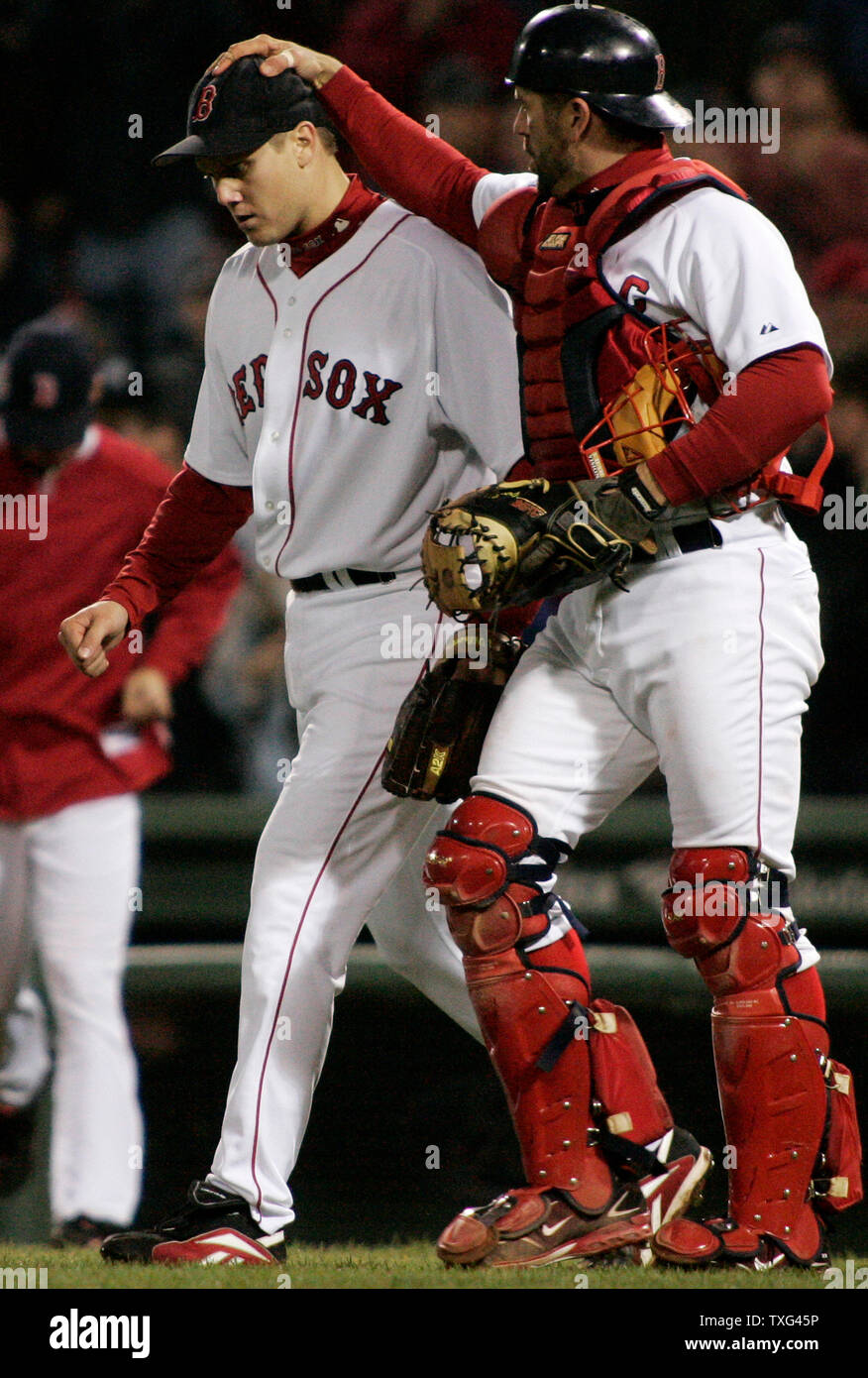 Boston Red Sox pitcher Jonathan Papelbon, left, and catcher Jason