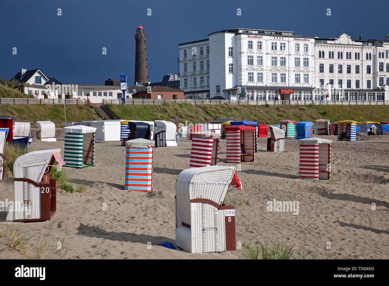 geography / travel, Germany, Lower Saxony, villa and beach on isle Borkum, East Frisian Islands, Additional-Rights-Clearance-Info-Not-Available Stock Photo