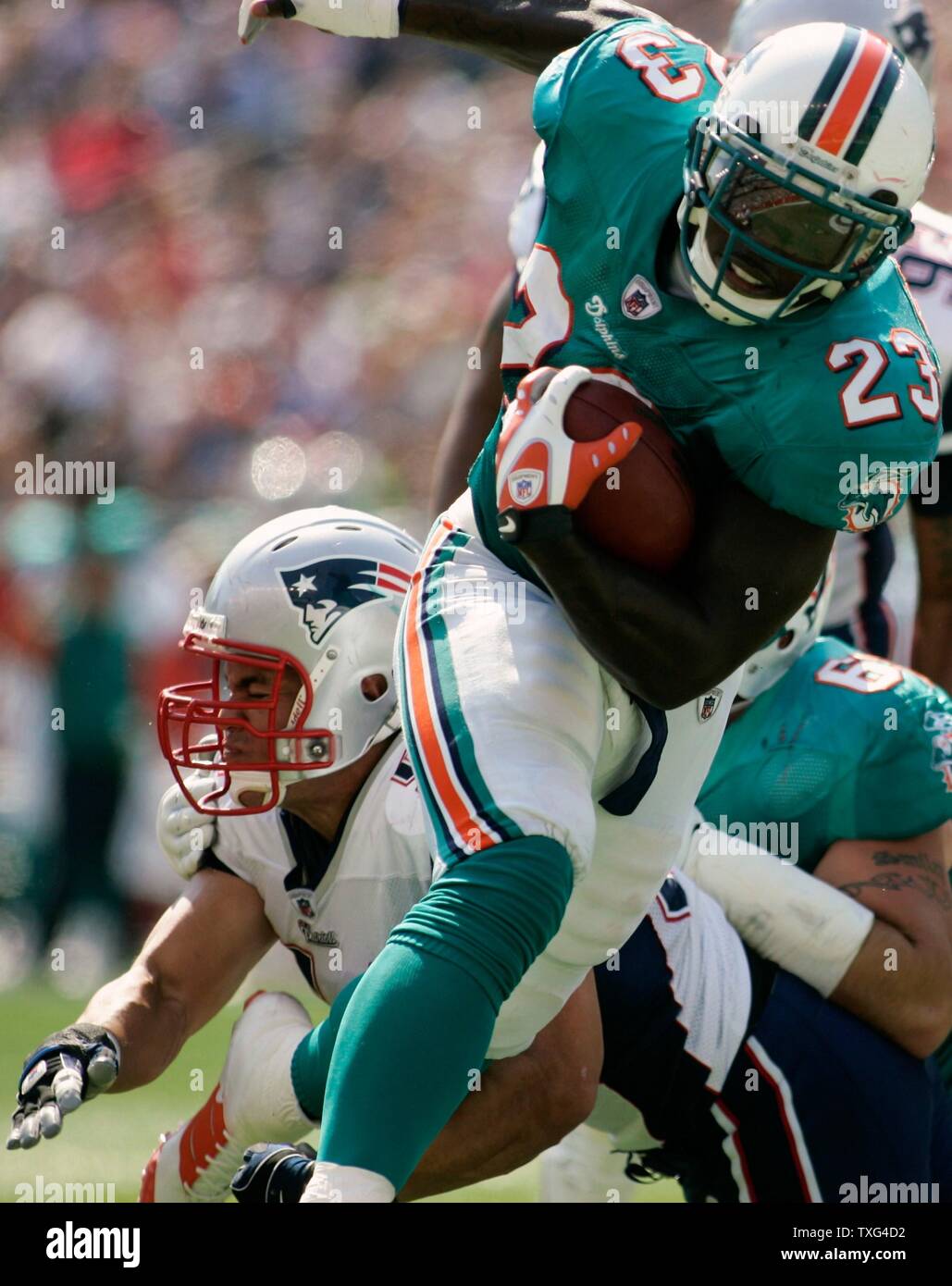 21 December 2008: Dolphins Pro Bowl bound running back Ronnie Brown is a  decoy on this play as he fakes making a reception. On the second coldest  day in Arrowhead history with