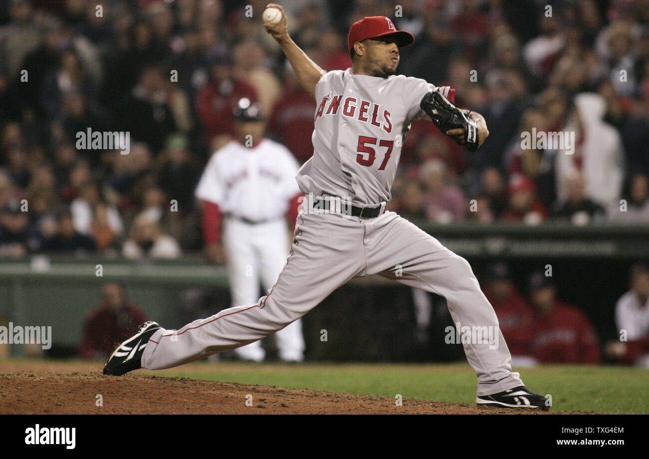 Los Angeles Angels relief pitcher Francisco Rodriguez (57) throws a pitch in the tenth inning of game three of the ALDS against the Boston Red Sox at Fenway Park in Boston, Massachusetts on October 5, 2008.  (UPI Photo/Matthew Healey) Stock Photo