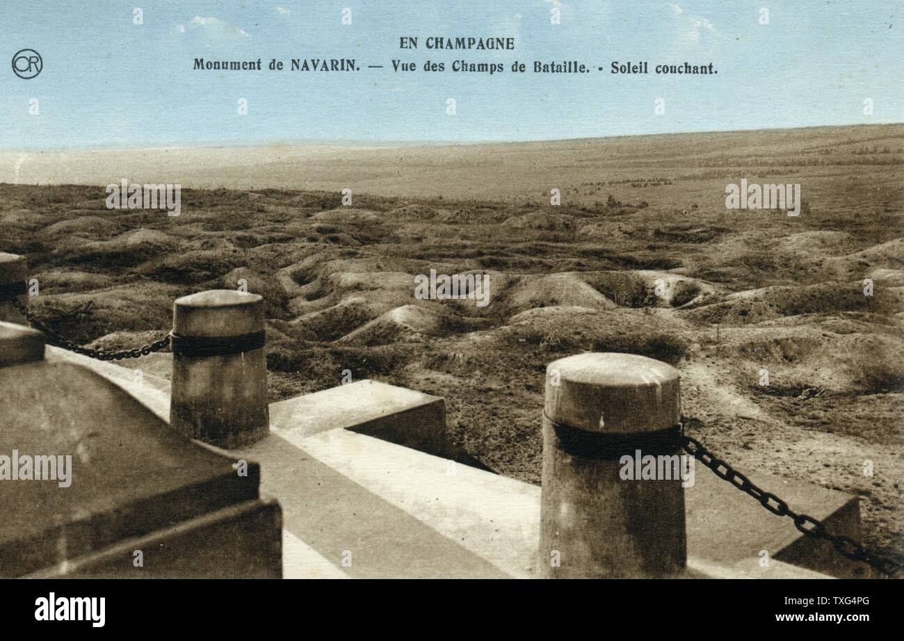 Postcard showing a general view of the battlefields during World War I from the Monument-Ossuaire (ossuary) of the Ferme de Navarin in the Champagne region. 1924 Stock Photo