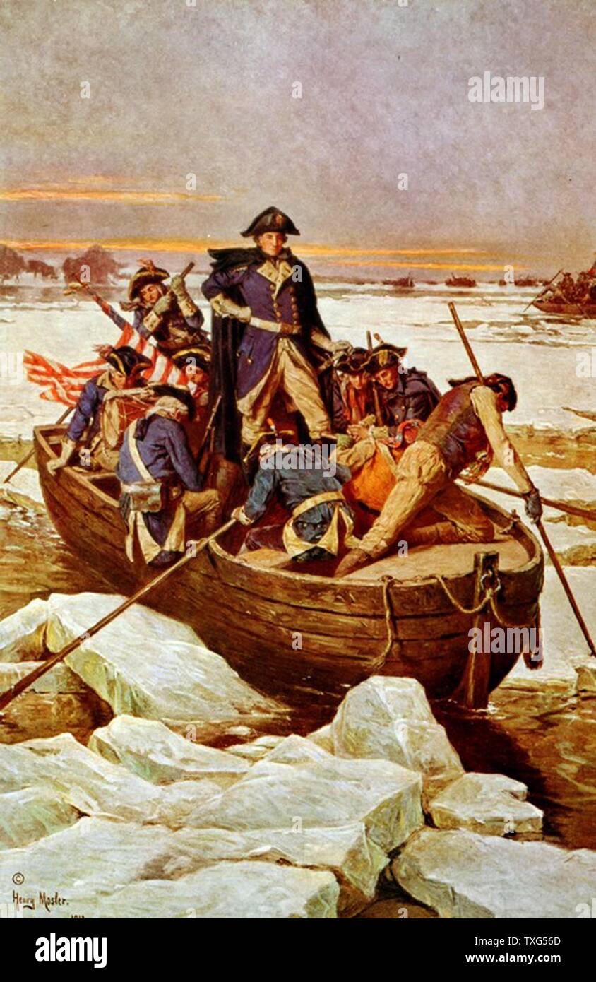 George Washington Crossing the Delaware River, 25 December 1776 An incident in the Revolutionary War (1775-1783) when George Washington was commander-in-chief of the American army Illustration Stock Photo