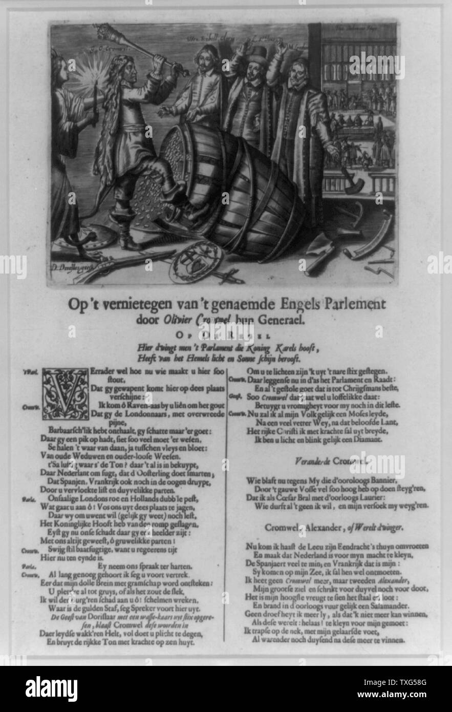 Dutch cartoon protesting against Oliver Cromwell's rule in Britain. It shows him as Hercules clad in a lionskin, breaking open the Long Parliament door Stock Photo