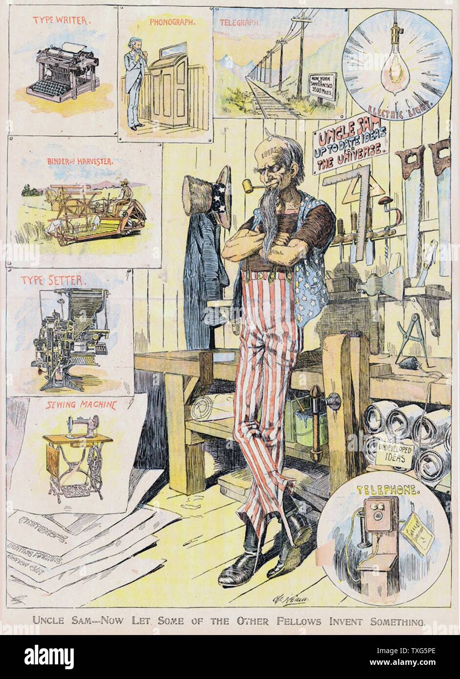 Charles Nelan American school Uncle Sam - 'Now Let Some of the Other Fellows Invent Something' Uncle Sam in workshop, surrounded by Typewriter, Phonograph, Reaper, Telegraph, Telephone,  etc Stock Photo