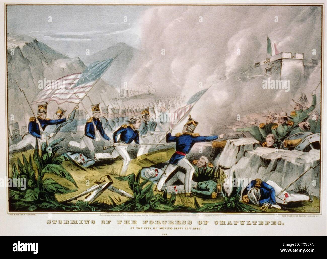 Mexican-American War 1846-1848 : US forces under Winfield Scott  storming the Fortress of Chapultepec - Mexico City Hand-coloured engraving Stock Photo