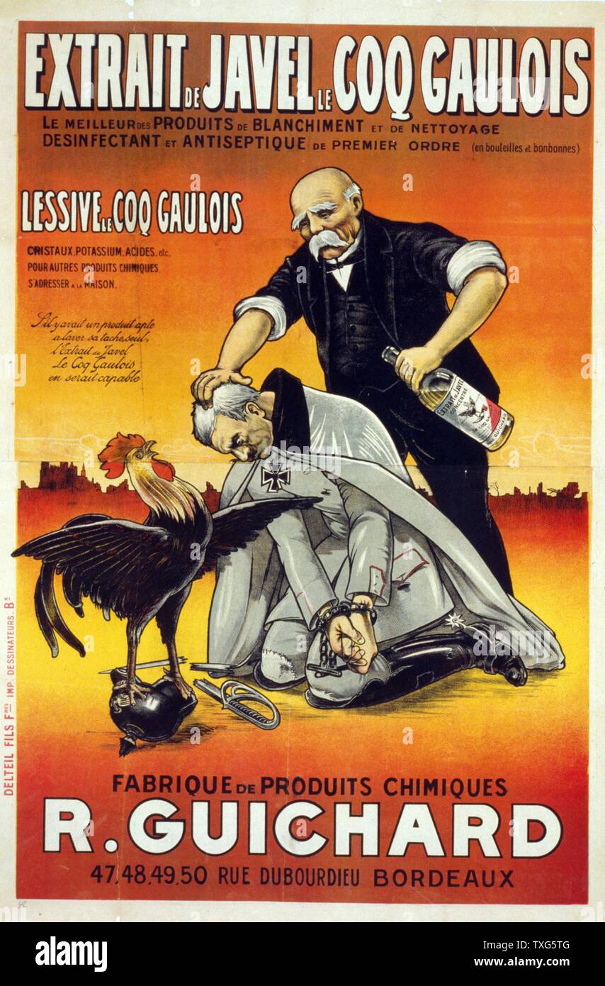 Georges Clemenceau, French Prime Minister, encouraged  by Chanticleer, a symbol of France, wash defeated Germany with Coq Gaulois liquid soap produced by R Guichard, French industrial chemist Stock Photo