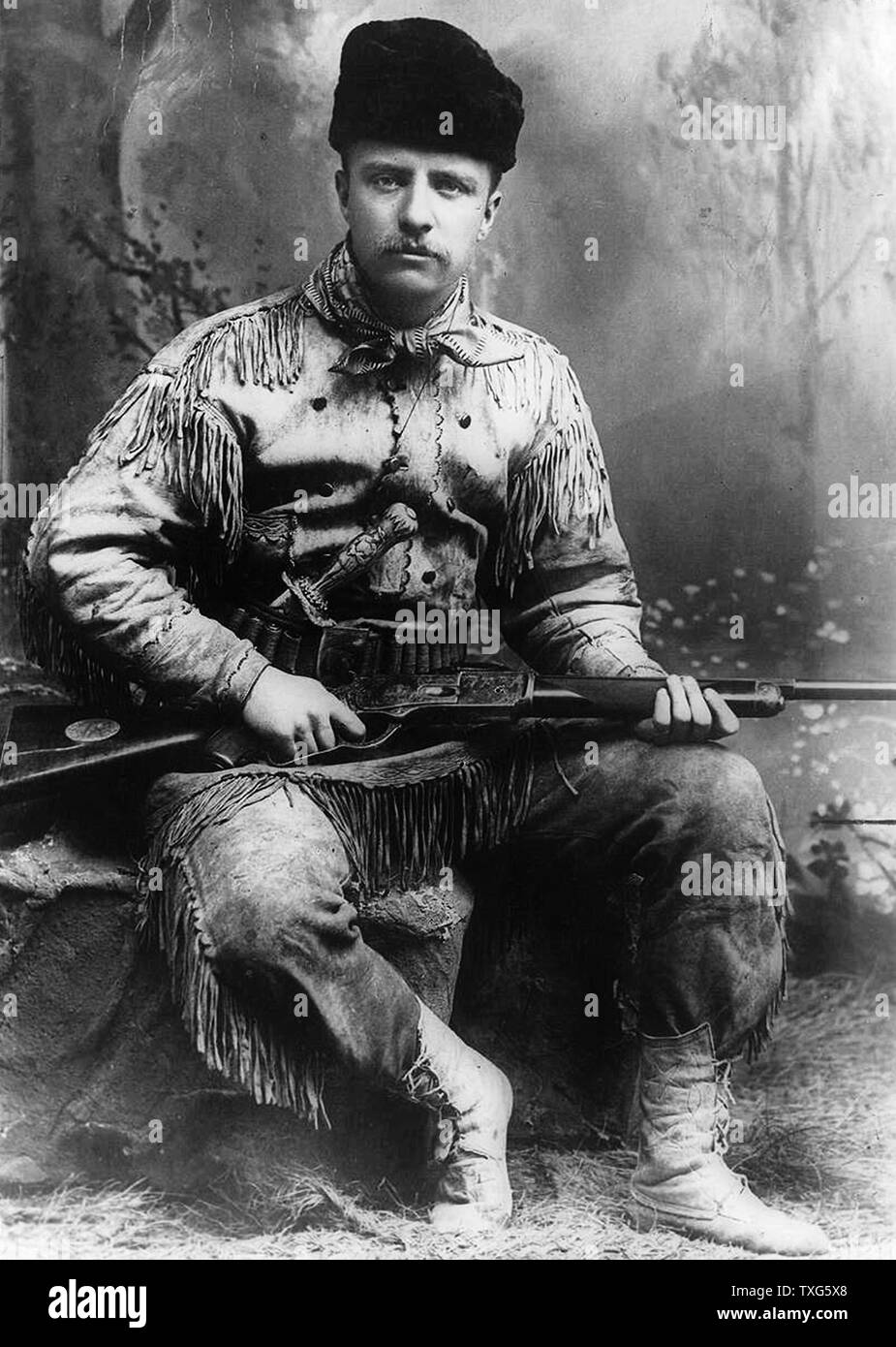 Theodore D. Roosevelt, 26th President of the United States of America (1901-1909). Hunting costume on his ranch in Dakota Stock Photo