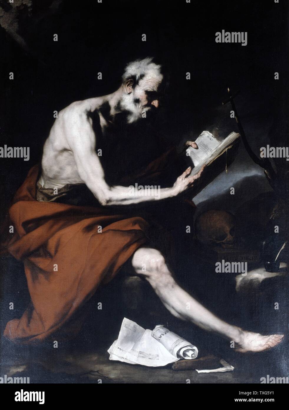 Follower of Jusepe de Ribera  Spanish school St Jerome reading - father of Western christianism Oil on canvas  Human skull, a memento mori, rests on pile of books. Stock Photo