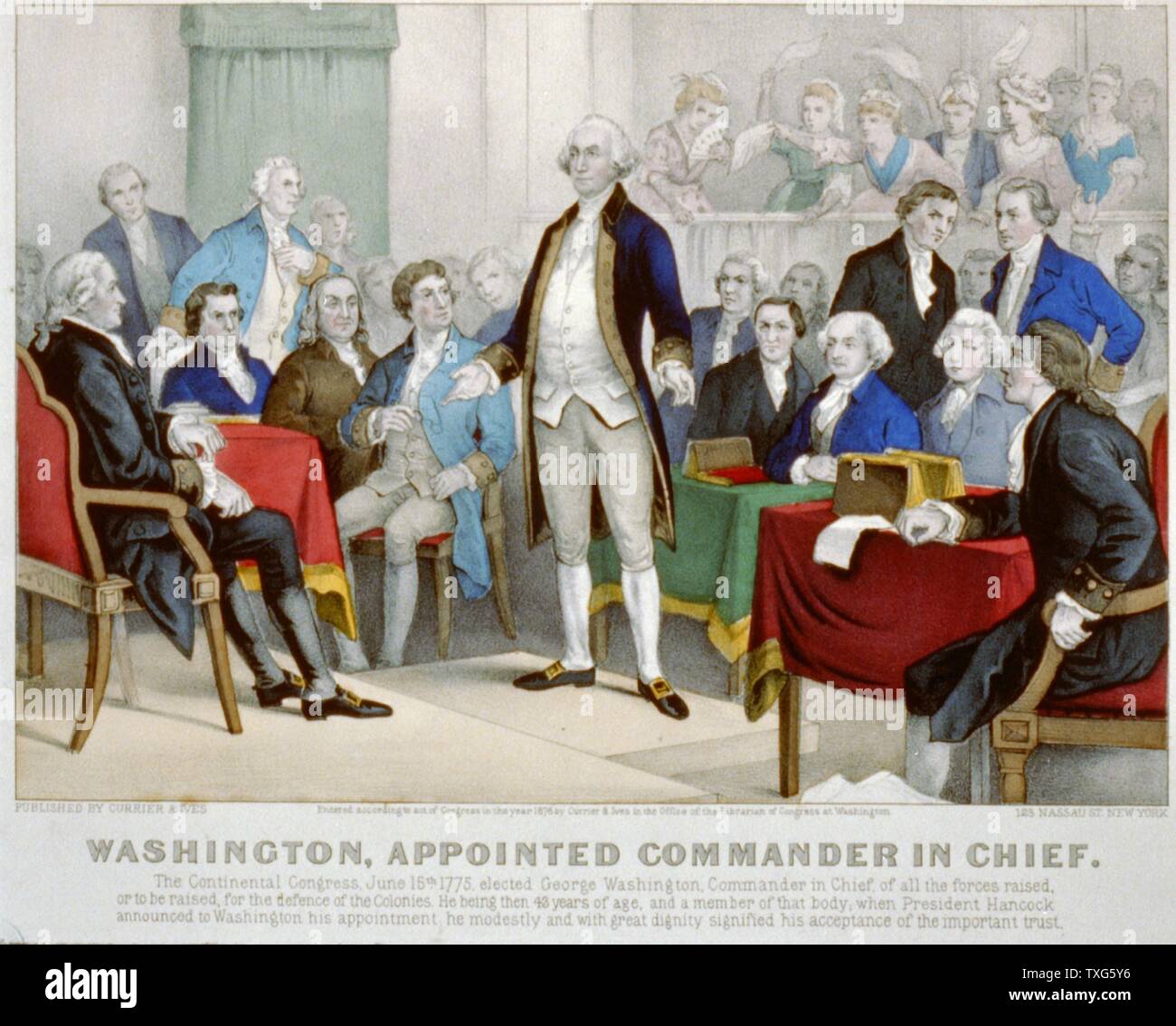 American Revolutionary War (American War of Independence) 1775-1783 : Washington appointed commander-in-chief  by the Continental Congress, delegates from the Thirteen Counties that became  the government of the United States. June 1775.   Lithograph Stock Photo