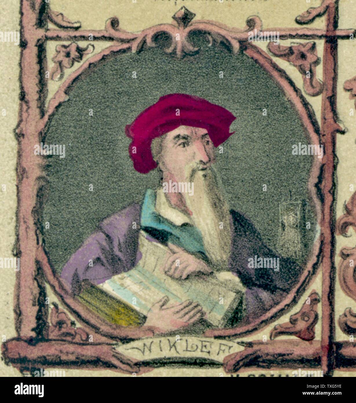 John Wycliffe, English  theologian and religious reformer. Initiated and contributed to the translation of the Bible from Latin into English Coloured lithograph. Stock Photo
