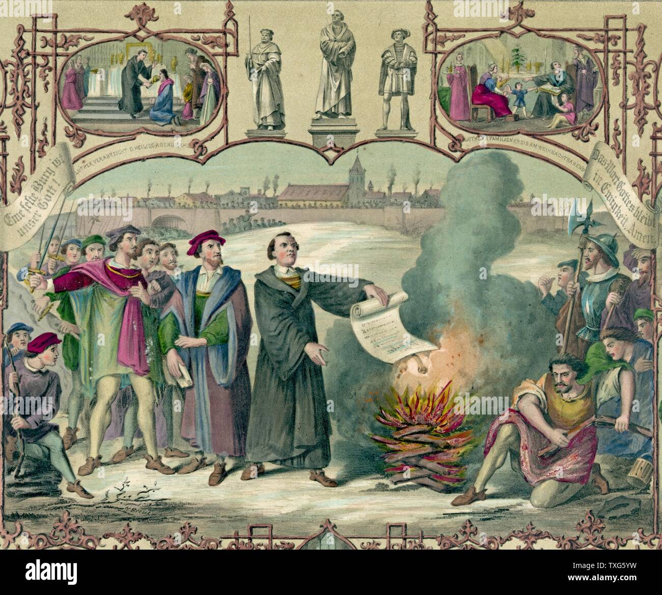 Martin Luther, German Protestant reformer burning the Papal Bull excommunicating him - Wittenberg.  Surrounding vignettes show episodes in his life and other heroes of the Reformation Coloured lithograph Stock Photo