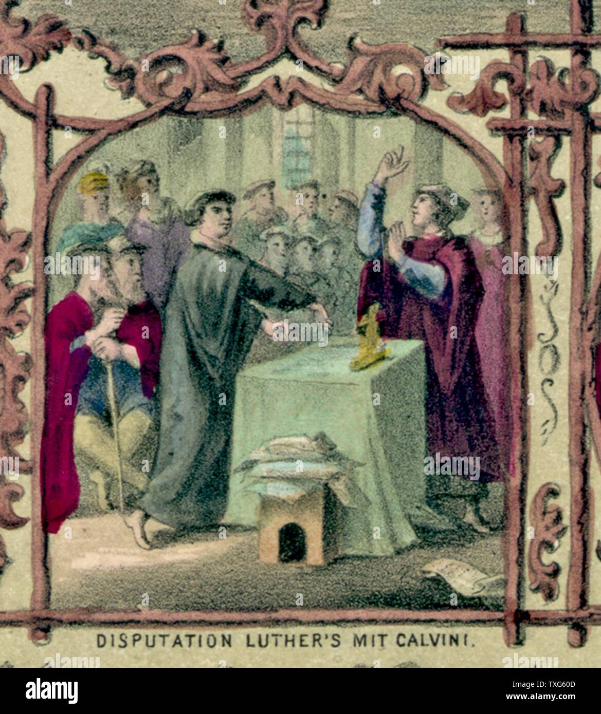 Martin Luther, German Protestant reformer debating with John Calvin, French theologian and religious reformer Coloured lithograph Stock Photo