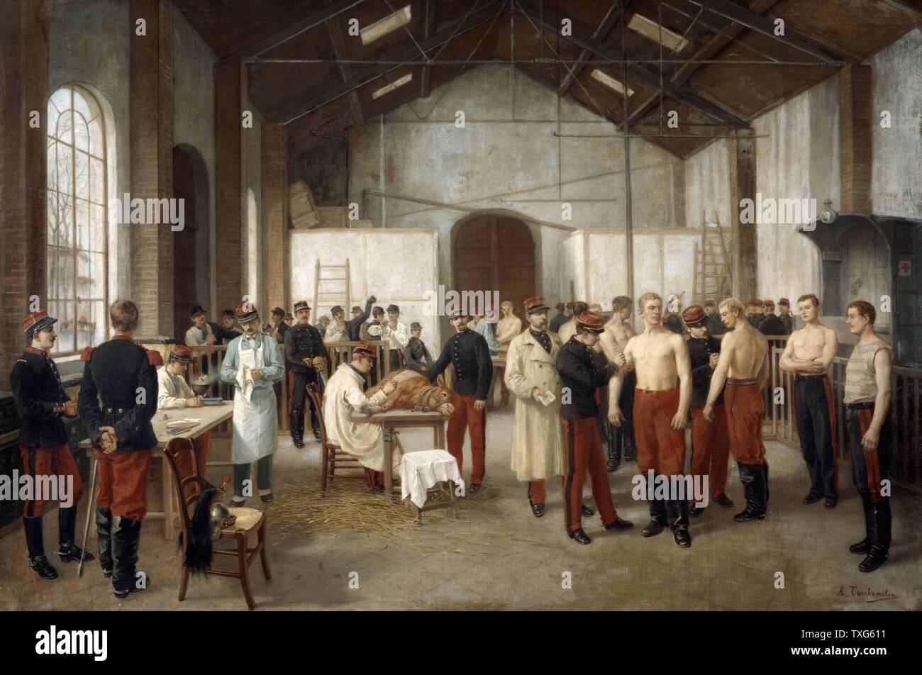 Alfred Touchemolin French school Vaccination : French army recruits being vaccinated with Cowpox to protect them from the more virulent infection, Smallpox. Stock Photo