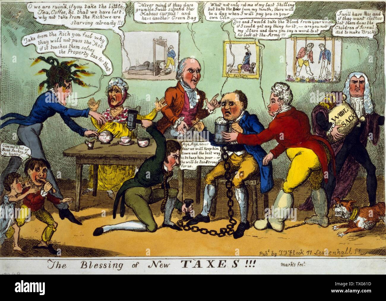 'The Blessing of New Taxes!' John Bull is plagued by the Prince Regent (with swollen legs) and his ministers : Sidmouth,  Vansittart, Castlereagh, and Eldon Woolsack Stock Photo