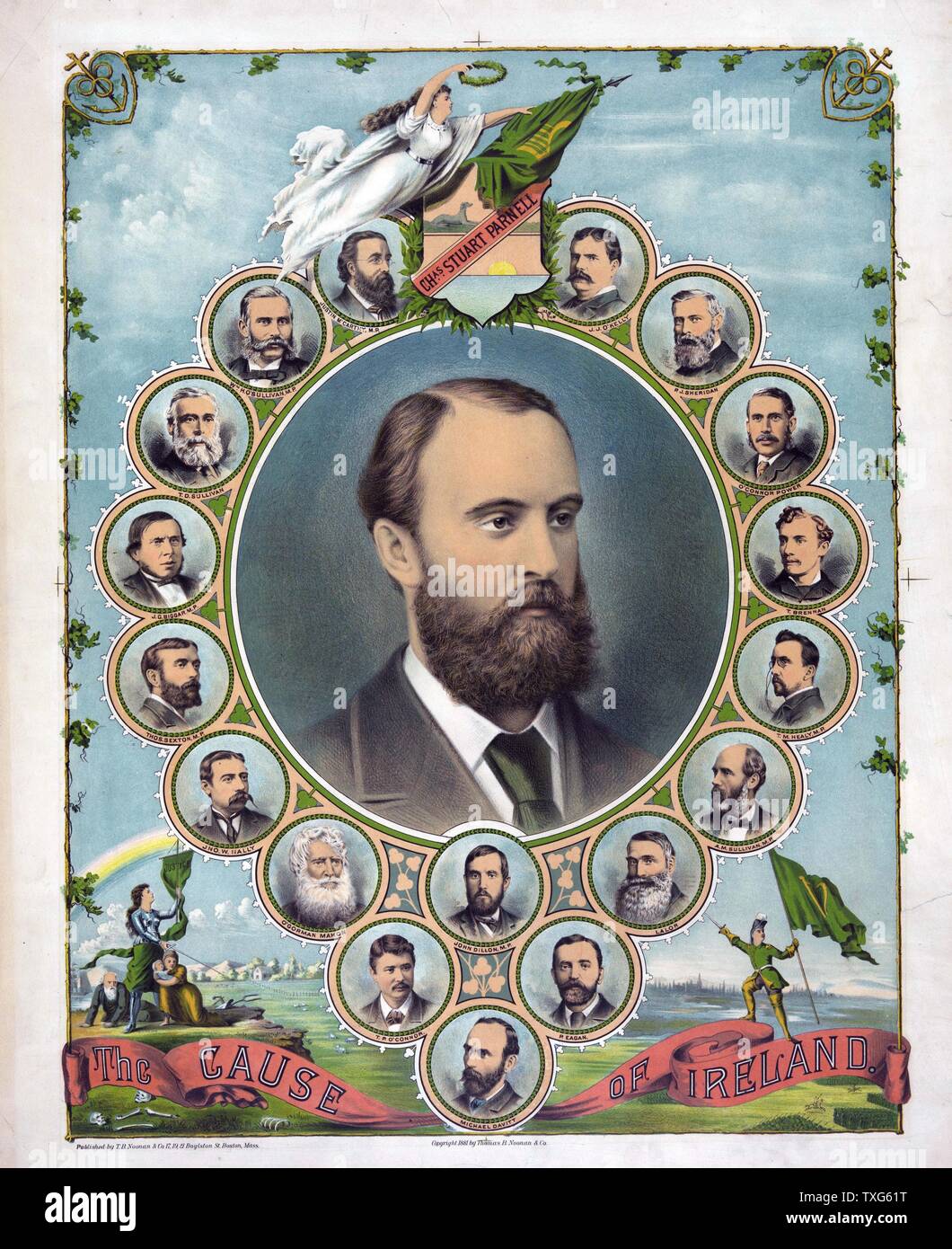 The Cause of Ireland : Portrait of Charles Stewart Parnell, Irish nationalist, political leader and champion of Home Rule,  surrounded by 18 vignettes of  others prominent in Irish politics Lithograph Stock Photo