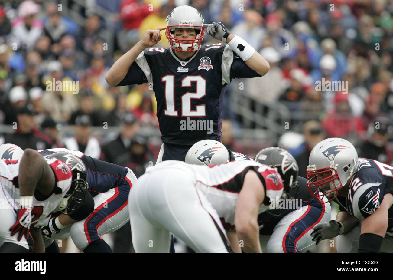 New England Patriots QB Tom Brady makes an audible call before a play against the Atlanta Falcons at Gillette Stadium in Foxboro, Massachusetts on September 27, 2009.  The Patriots defeated the Falcons 26-10. UPI/Matthew Healey Stock Photo