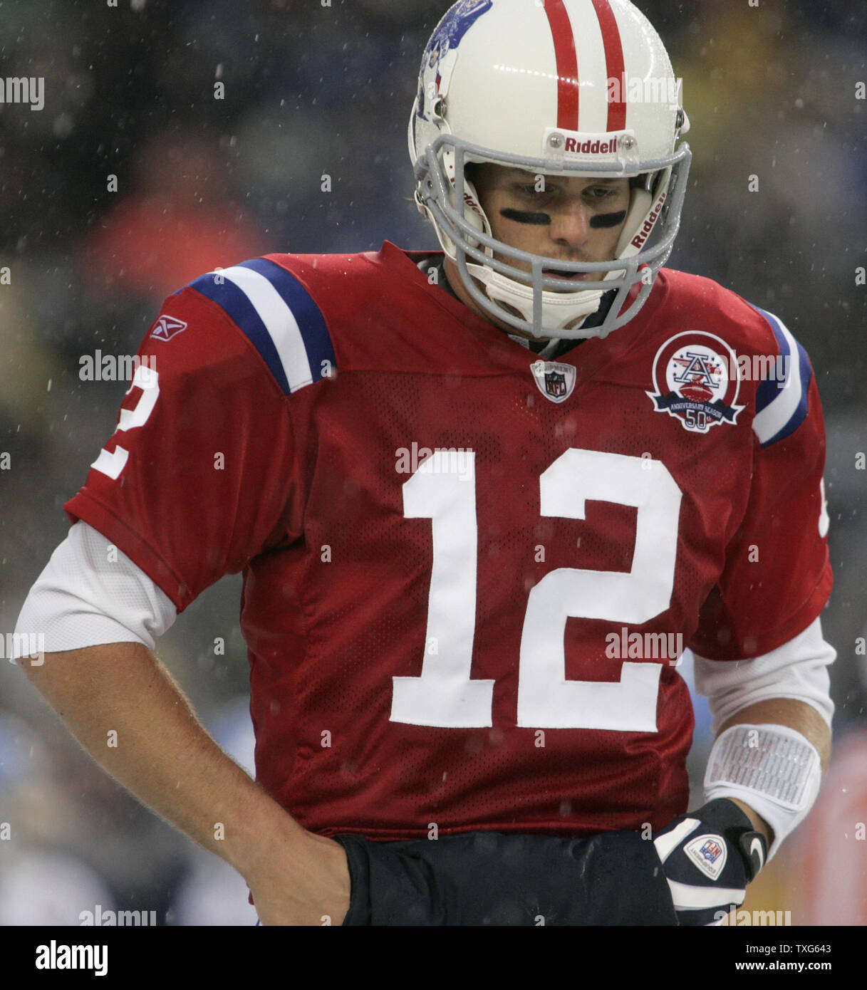 New England Patriots quarterback Tom Brady (12) heads off the field in the second quarter against the Tennessee Titans at Gillette Stadium in Foxboro, Massachusetts on October 18, 2009.     UPI/Matthew Healey Stock Photo