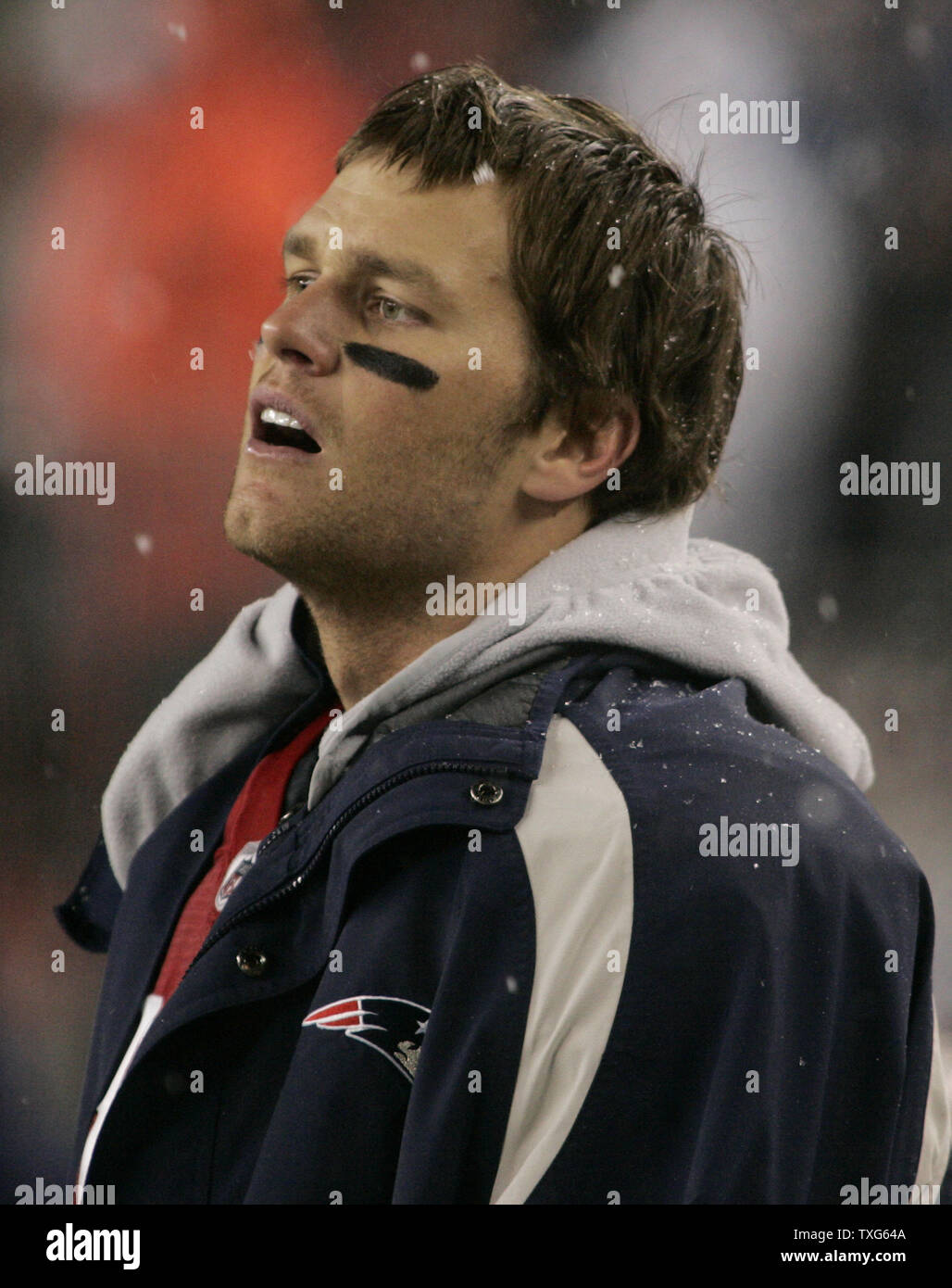 New England Patriots quarterback Tom Brady (12) watches the game from the sideline in the third quarter against the Tennessee Titans at Gillette Stadium in Foxboro, Massachusetts on October 18, 2009.   The Patriots defeated the Titans 59-0.  UPI/Matthew Healey Stock Photo