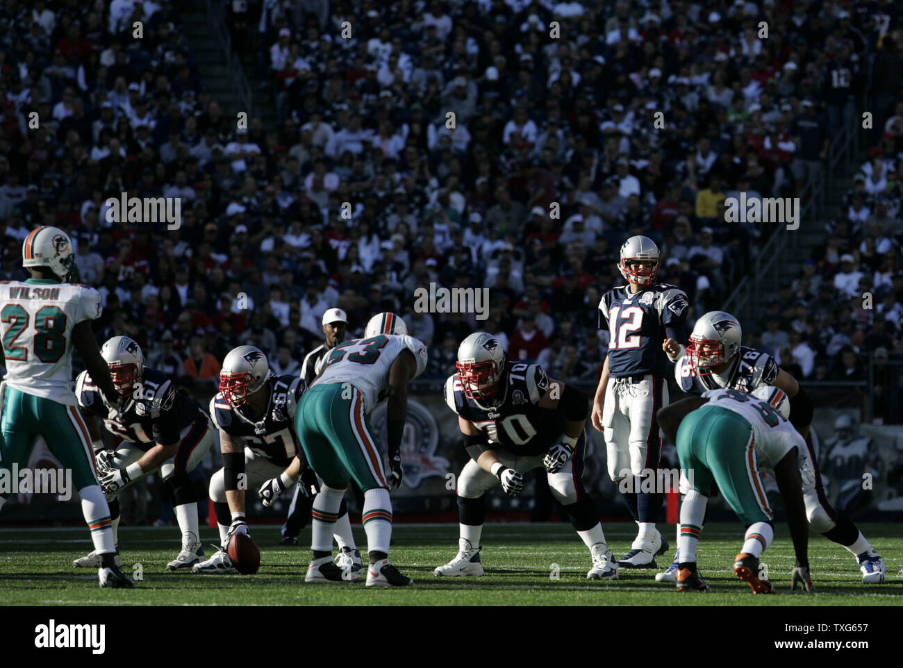 New England Patriots quarterback Tom Brady (12) lines up against the Miami Dolphins in the second quarter at Gillette Stadium in Foxboro, Massachusetts on November 8, 2009.  The Patriots defeated the Dolphins 27-17.    UPI/Matthew Healey Stock Photo