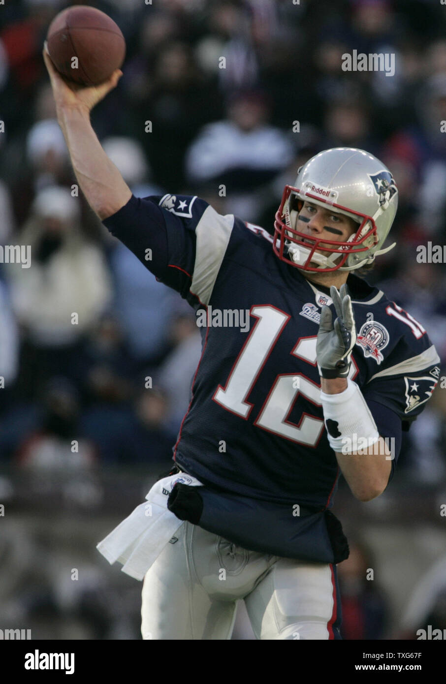 New England Patriots quarterback Tom Brady (12) throws a pass in the first quarter against the Baltimore Ravens at Gillette Stadium in Foxboro, Massachusetts on January 10, 2010.  The Ravens defeated the Patriots 33-14.   UPI/Matthew Healey Stock Photo