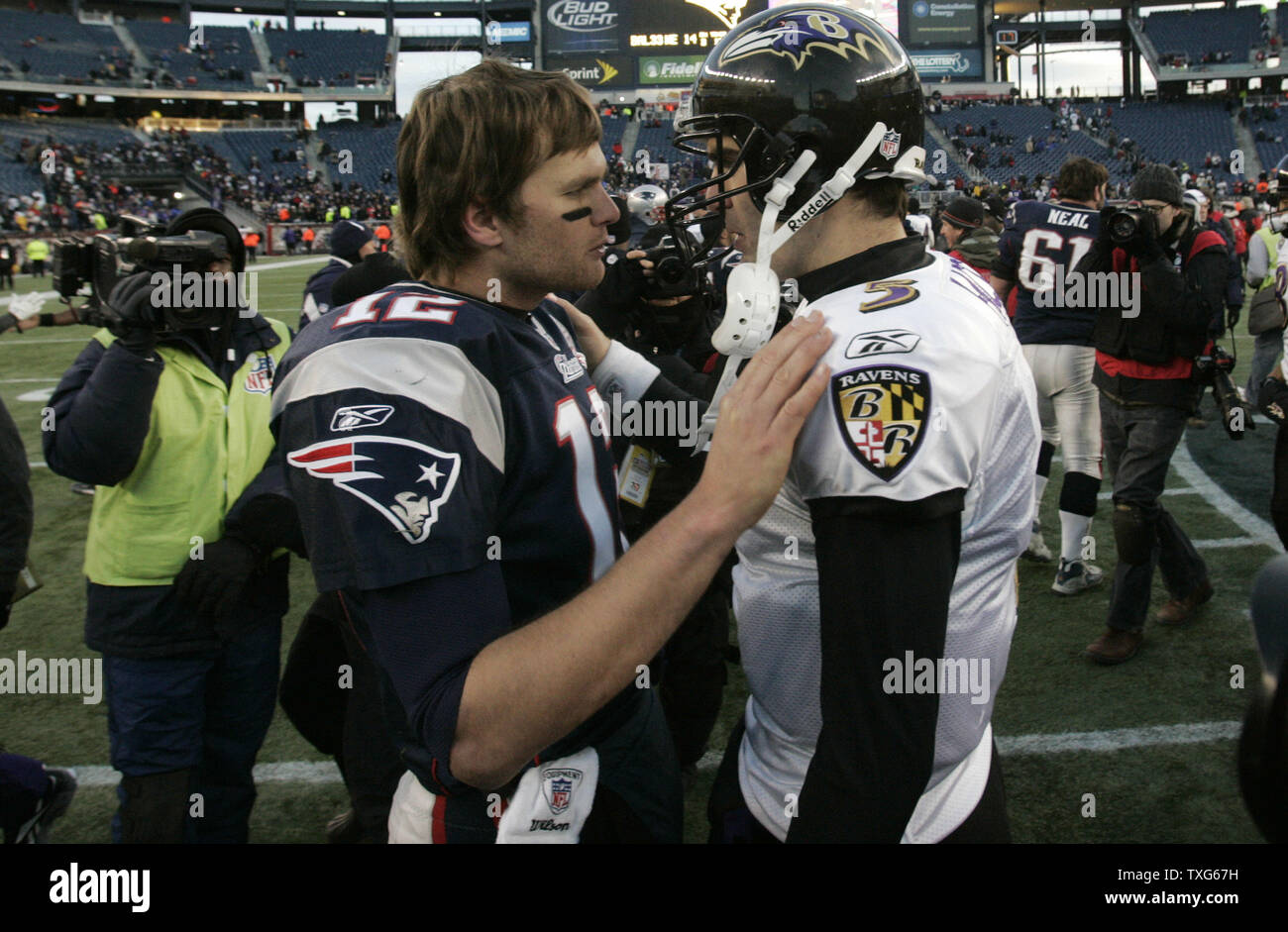 New England Patriots quarterback Tom Brady (12) shakes hands with Baltimore Ravens quarterback Joe Flacco (5) after the AFC Wildcard game at Gillette Stadium in Foxboro, Massachusetts on January 10, 2010.  The Ravens defeated the Patriots 33-14.   UPI/Matthew Healey Stock Photo
