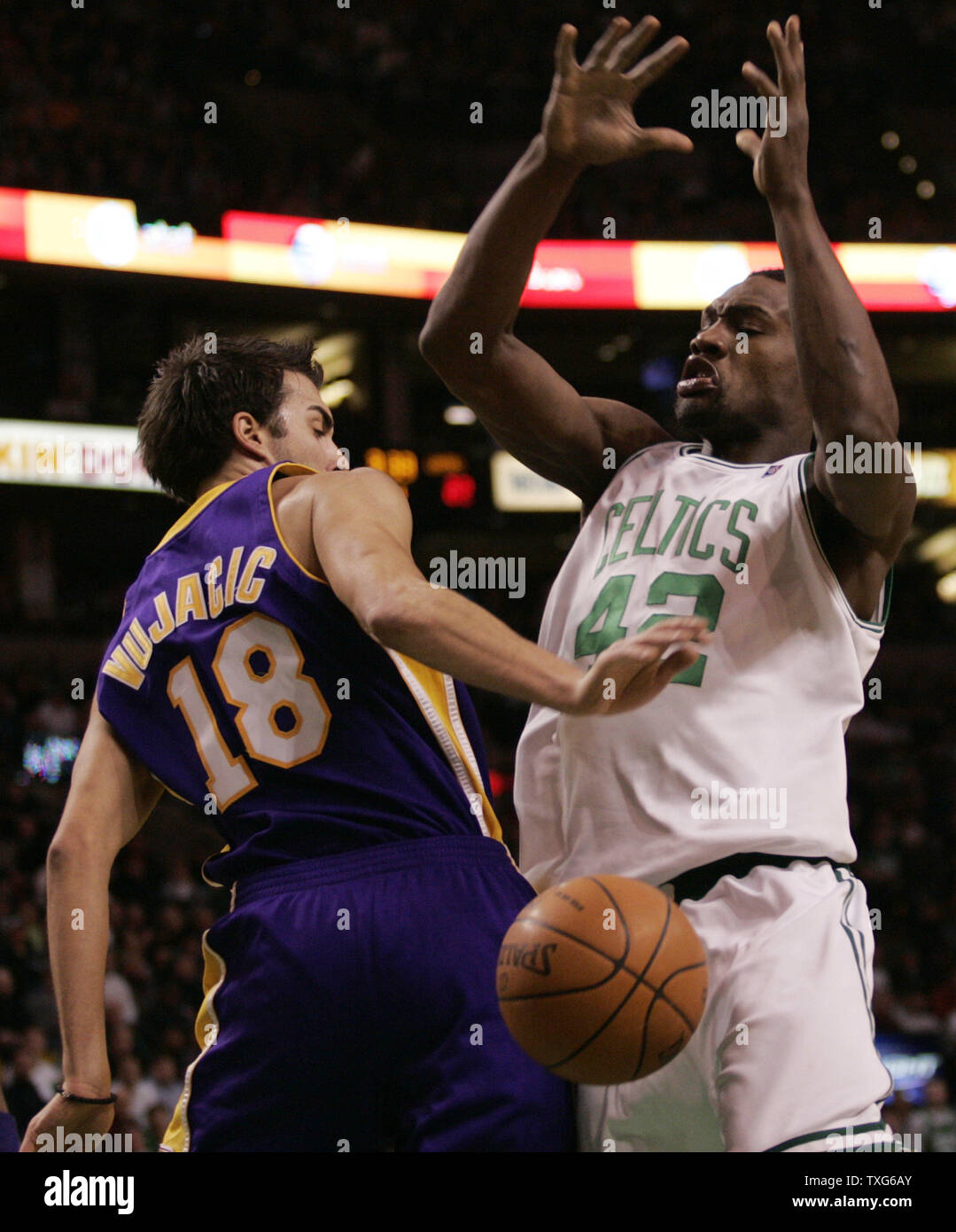 Los Angeles Lakers guard Sasha Vujacic (18) swants the ball away from Boston Celtics guard Tony Allen (42) in the first half at the TD Garden in Boston, Massachusetts on January 31, 2010.  The Lakers defeated the Celtics 90-89.   UPI/Matthew Healey Stock Photo