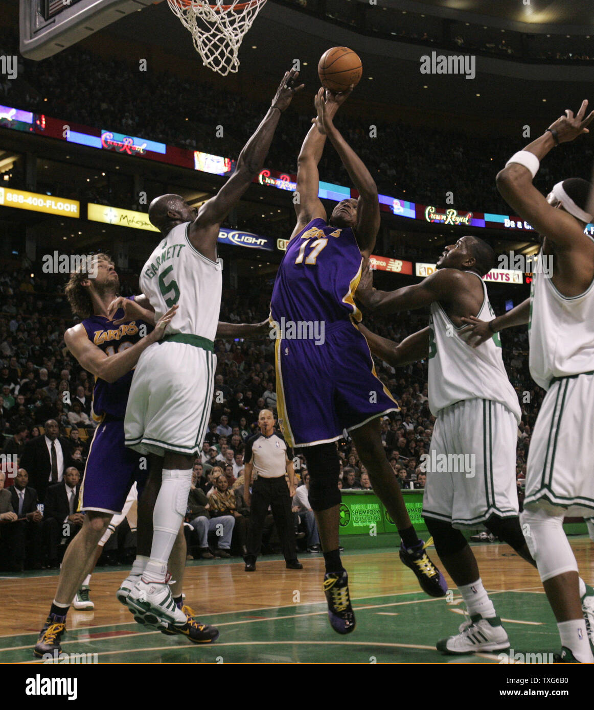 Los Angeles Lakers center Andrew Bynum (17) goes up for two points against Boston Celtics forward Kevin Garnett (5) in the second half half at the TD Garden in Boston, Massachusetts on January 31, 2010.  The Lakers defeated the Celtics 90-89.   UPI/Matthew Healey Stock Photo