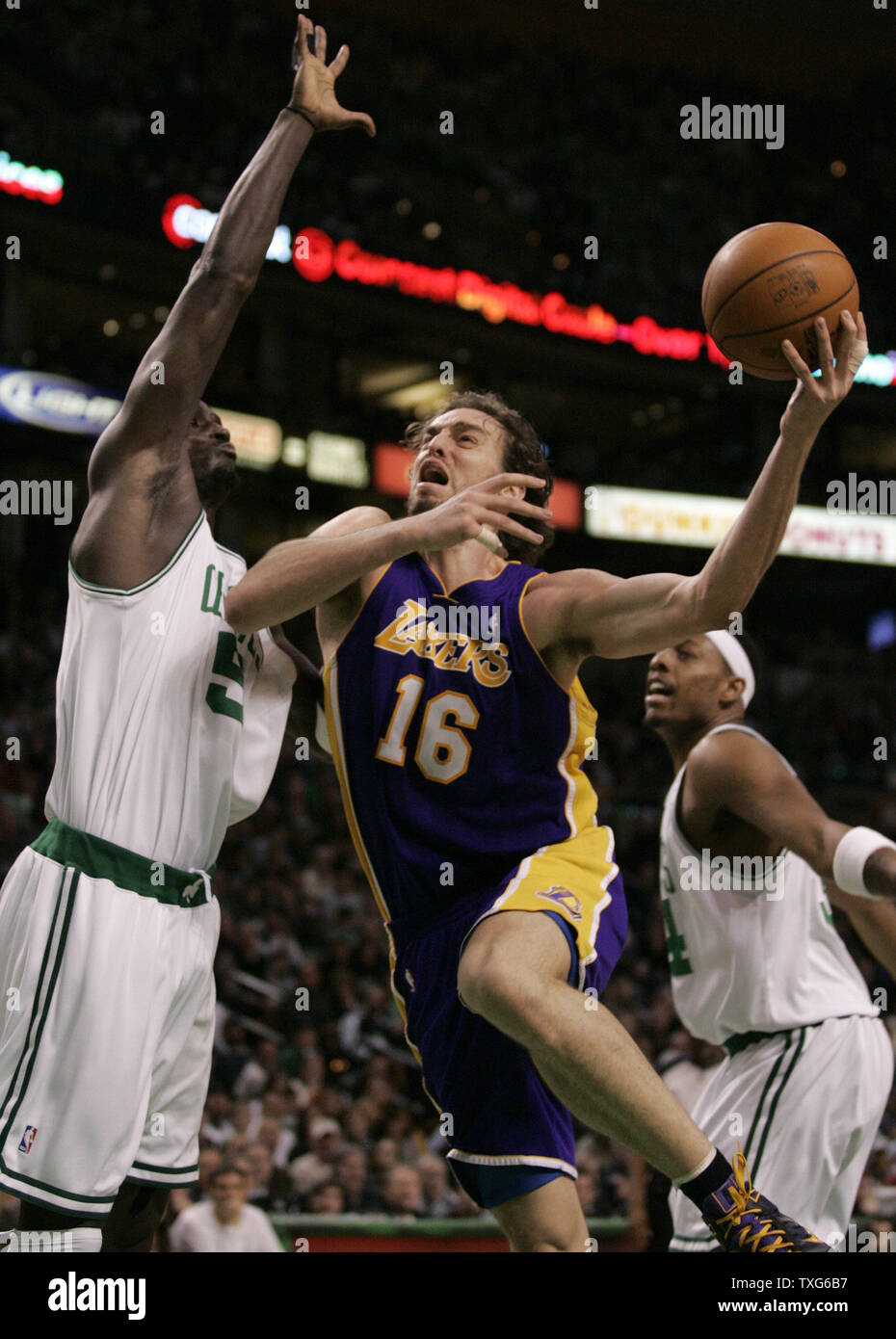 Los Angeles Lakers forward Pau Gasol (16) drives to the net past Boston Celtics forward Kevin Garnett (5) in the second half at the TD Garden in Boston, Massachusetts on January 31, 2010.  The Lakers defeated the Celtics 90-89.   UPI/Matthew Healey Stock Photo
