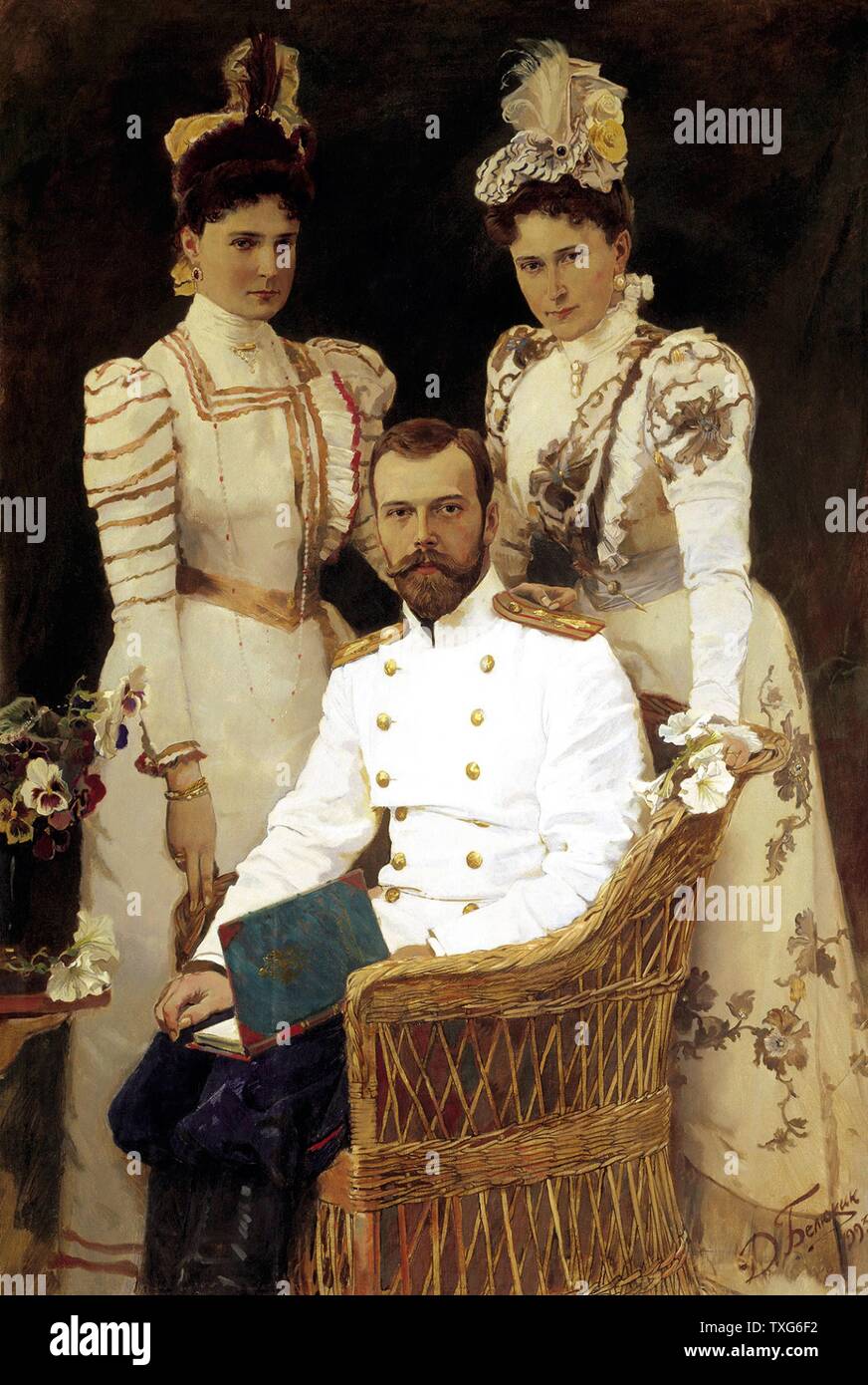 Dmitri Belyukin  Portrait of tsar Nicholas, la Tsaritsa Alexandra and the Grand princess Stock Photo