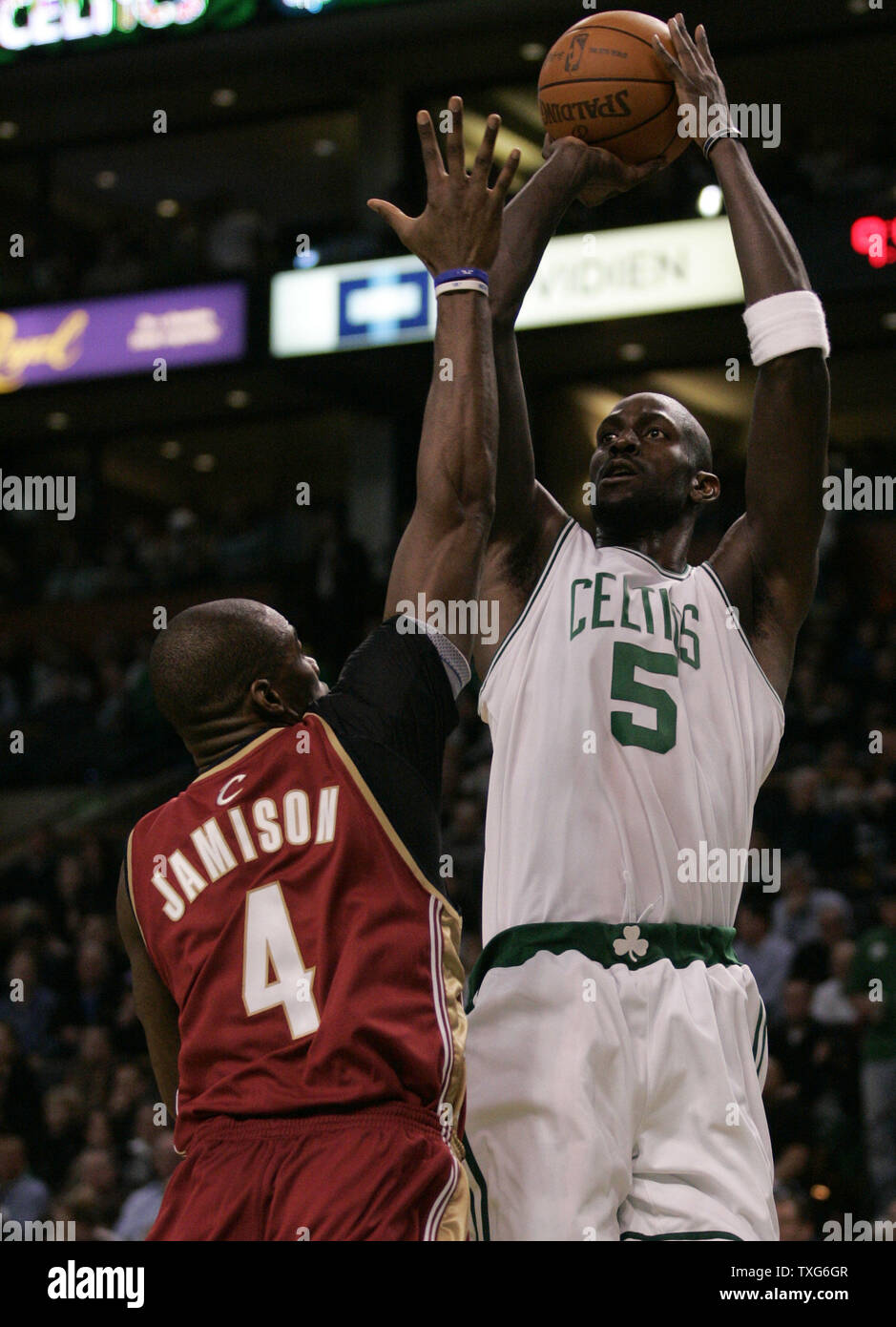 Boston Celtics forward Kevin Garnett (5) gets off a shot while under pressure by Cleveland Cavaliers forward Antawn Jamison (4) in the second half at the TD Garden in Boston, Massachusetts on February 25, 2010.  The Cavaliers defeated the Celtics 108-88.   UPI/Matthew Healey Stock Photo