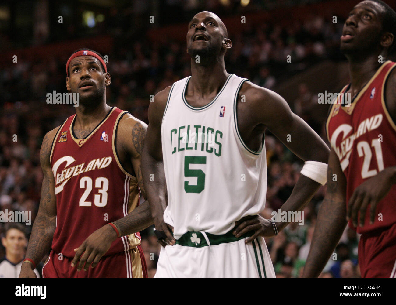 Cleveland Cavaliers forward LeBron James (23), Boston Celtics forward Kevin Garnett (5) and Cavaliers forward J.J. Hickson (21) watch a Celtics free throw in the second half at the TD Garden in Boston, Massachusetts on February 25, 2010.  The Cavaliers defeated the Celtics 108-88.   UPI/Matthew Healey Stock Photo