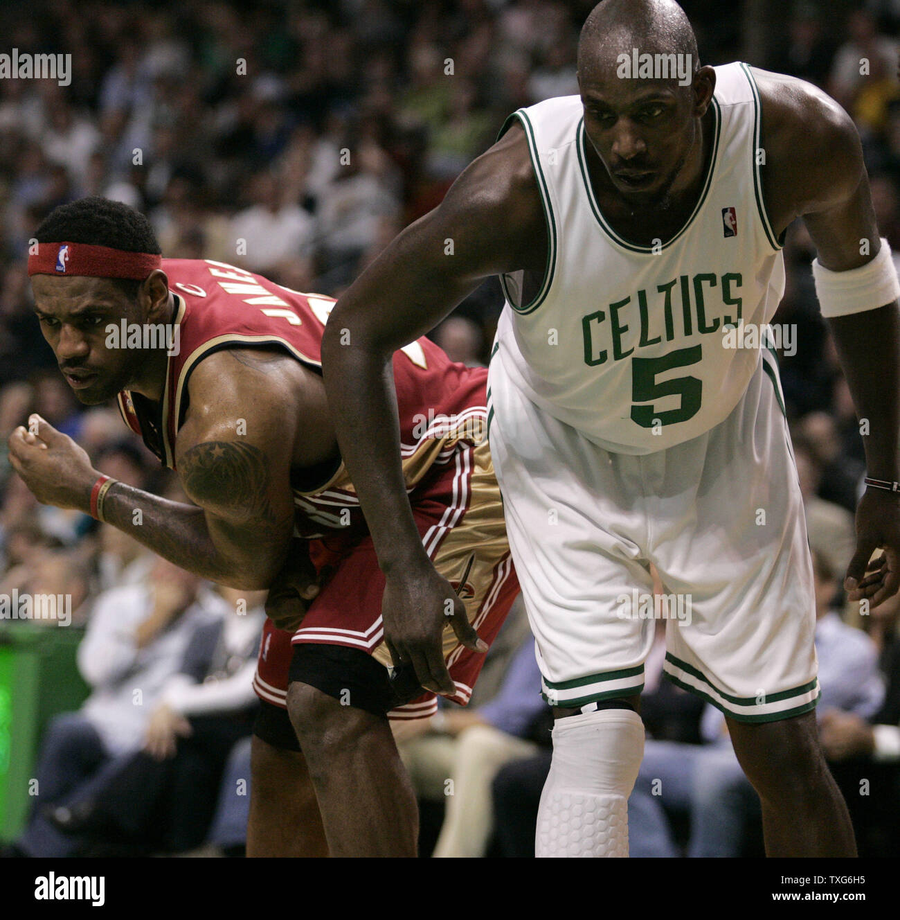 Cleveland Cavaliers forward LeBron James (23) and Boston Celtics forward Kevin Garnett (5) line up on the key during a Celtics free throw in the second half at the TD Garden in Boston, Massachusetts on February 25, 2010.  The Cavaliers defeated the Celtics 108-88.   UPI/Matthew Healey Stock Photo