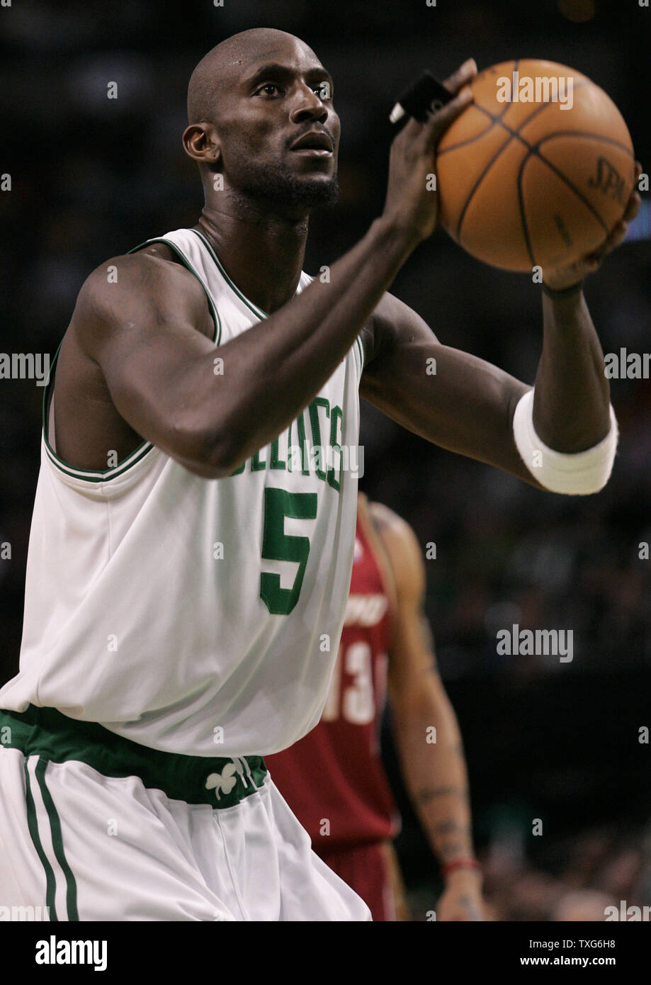 Boston Celtics forward Kevin Garnett (5) takes a free throw against the Cleveland Cavaliers in the second half at the TD Garden in Boston, Massachusetts on February 25, 2010.  The Cavaliers defeated the Celtics 108-88.   UPI/Matthew Healey Stock Photo