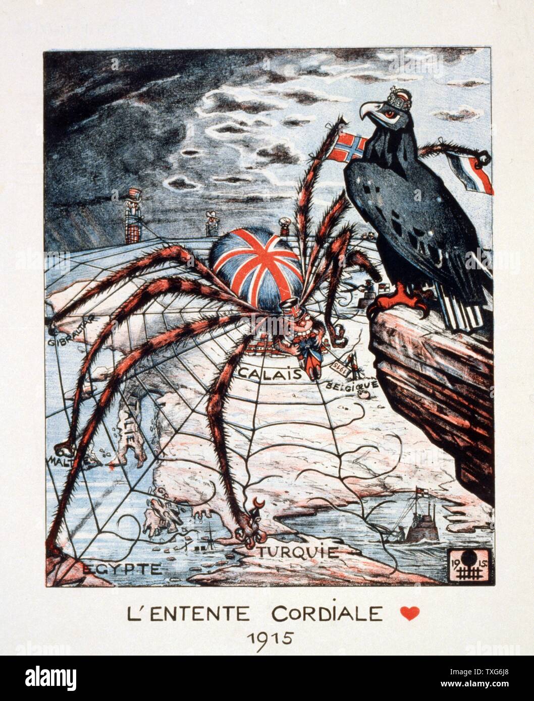 Entente Cordiale, 1904 agreement between France and Britain partly to prevent German expansion. German  (Eagle) view of Entente in 1915,  as spider Britain with everything in her web which is gradually being broken. Stock Photo