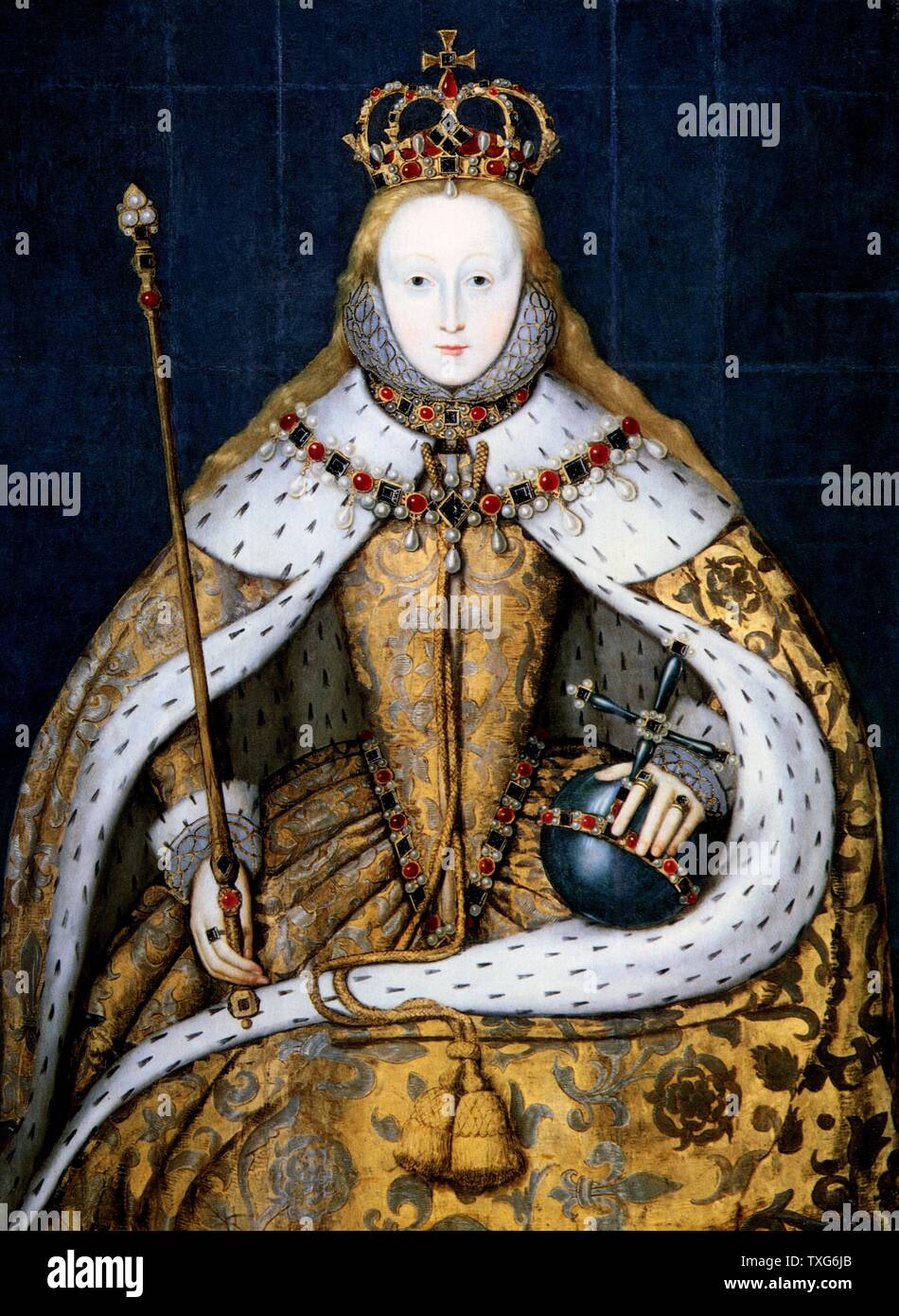 Elizabeth I in coronation robes  Elizabeth I, Queen of England from 1558, daughter of Henry VIII and Anne Boleyn, she was the last Tudor Stock Photo
