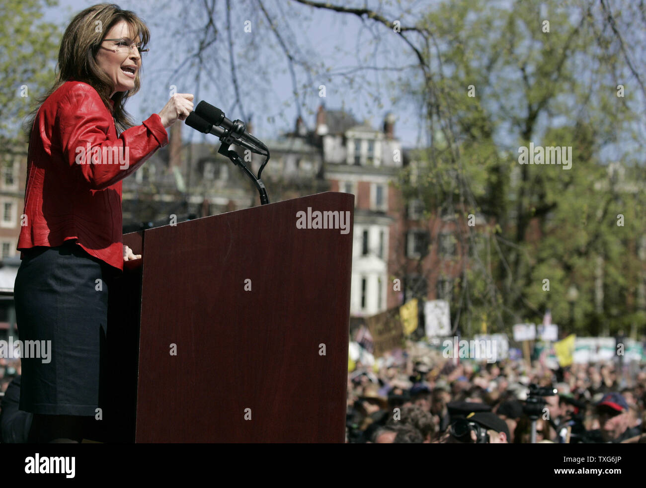 Former Alaska Governor Sarah Palin speaks to a large crowd gathered on Boston Common during a Tea Party Express rally in Boston, Massachusetts on Wednesday, April 14, 2010.     UPI/Matthew Healey Stock Photo