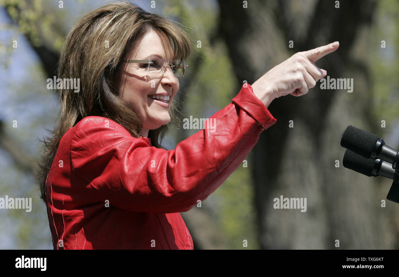 Former Alaska Governor Sarah Palin points to the crowd during her speech at a Tea Party Express rally on Boston Common in Boston, Massachusetts on Wednesday, April 14, 2010.     UPI/Matthew Healey Stock Photo