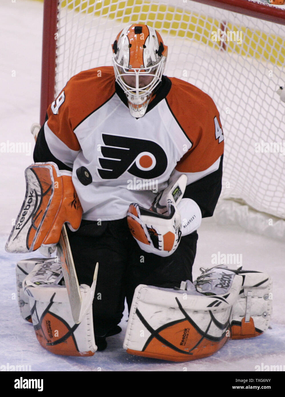 Philadelphia Flyers goalie Michael Leighton during the second period of  game four of the 2010 Stanley Cup Final in Philadelphia on June 4, 2010.  The Flyers defeated the Blackhawks 5-3. UPI/Kevin Dietsch