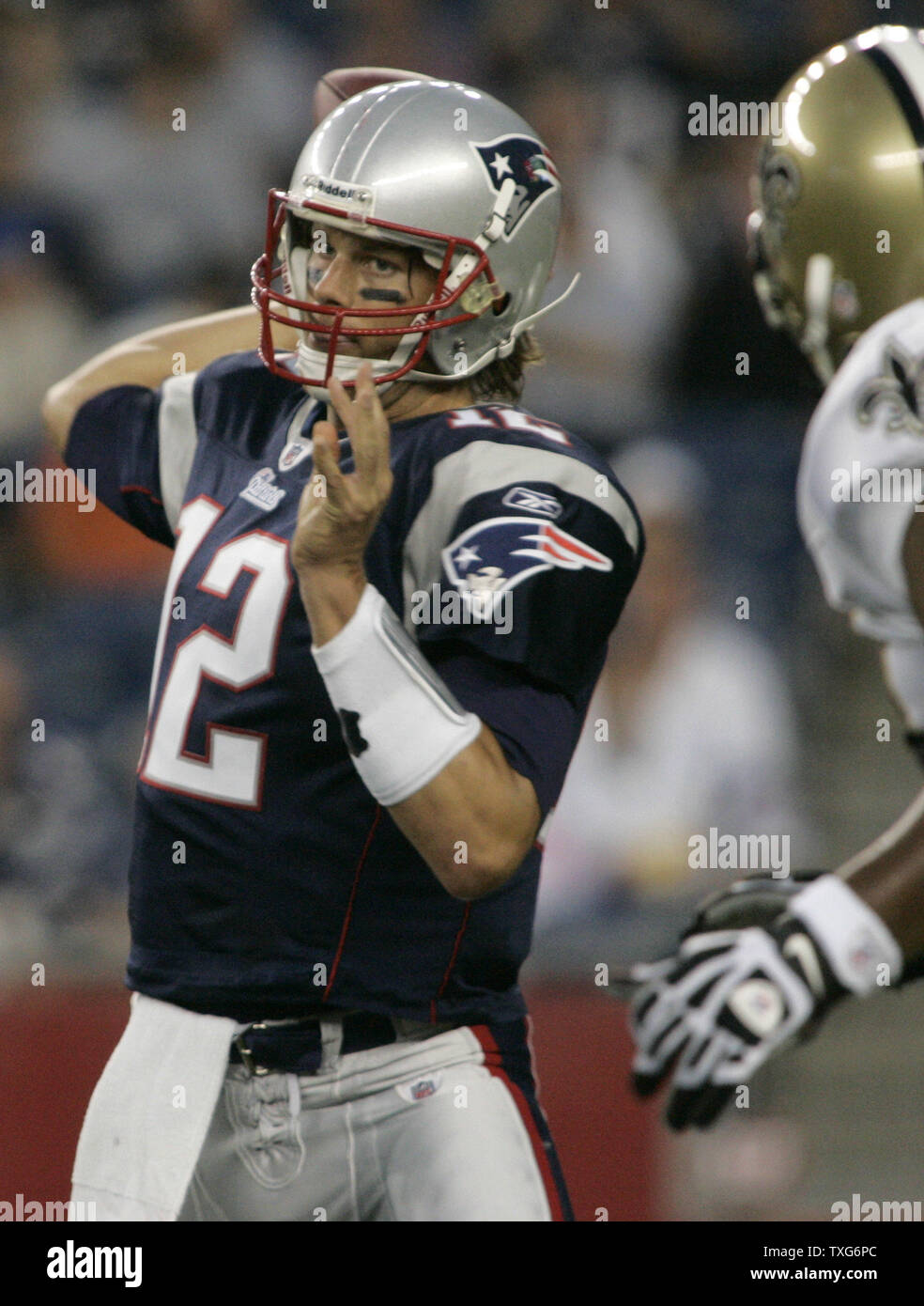 New England Patriots quarterback Tom Brady passes against the New Orleans Saints in the first quarter of preseason action at Gillette Stadium in Foxboro, Massachusetts on August 12, 2010.      UPI/Matthew Healey Stock Photo