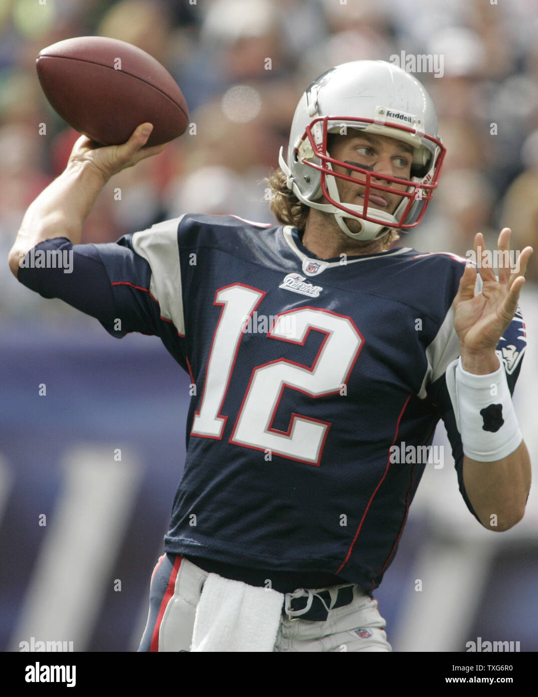 New England Patriots QB Tom Brady throws a pass in the first quarter against the Buffalo Bills at Gillette Stadium in Foxboro, Massachusetts on September 26, 2010.      UPI/Matthew Healey Stock Photo