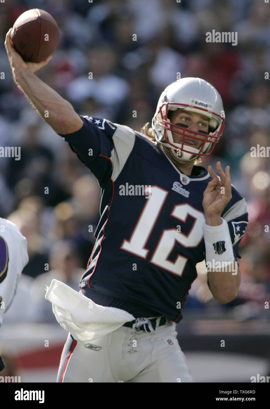 New England Patriots quarterback Tom Brady (12) throws a pass in the second quarter against the Baltimore Ravens at Gillette Stadium in Foxboro, Massachusetts on October 17, 2010.    UPI/Matthew Healey Stock Photo