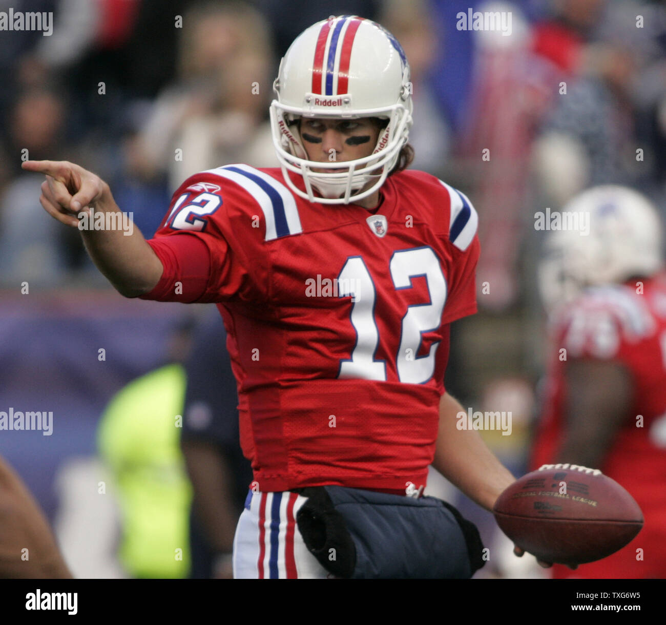 New England Patriots quarterback Tom Brady points to a teammate while running plays before the game against the Minnesota Vikings at Gillette Stadium in Foxboro, Massachusetts on October 31, 2010.  UPI/Matthew Healey Stock Photo