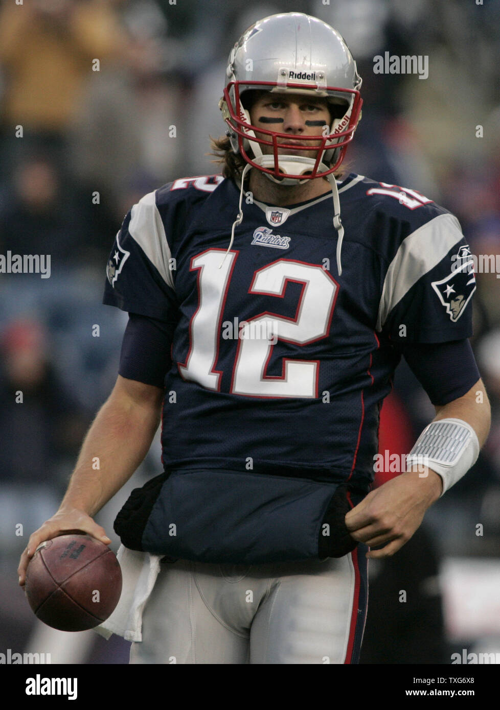 New England Patriots quarterback Tom Brady looks to a receiver during the pre-game routine with his team before the game against the Indianapolis Colts at Gillette Stadium in Foxboro, Massachusetts on November 21, 2010.    UPI/Matthew Healey Stock Photo