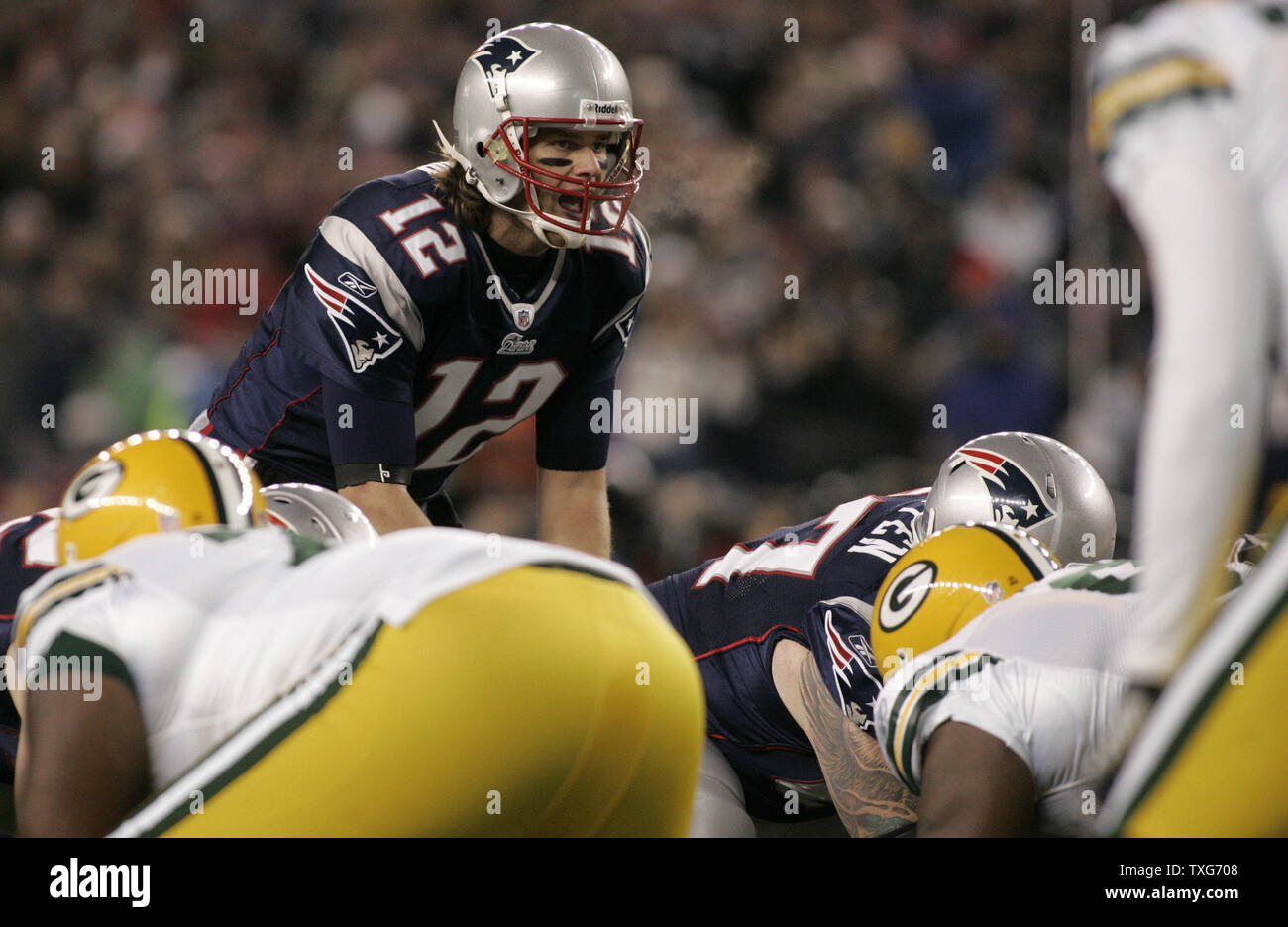 New England Patriots quarterback Tom Brady lines up against the Green Bay Packers in the second quarter at Gillette Stadium in Foxboro, Massachusetts on December 19, 2010.  The Patriots defeated the Packers 31-27.  UPI/Matthew Healey Stock Photo