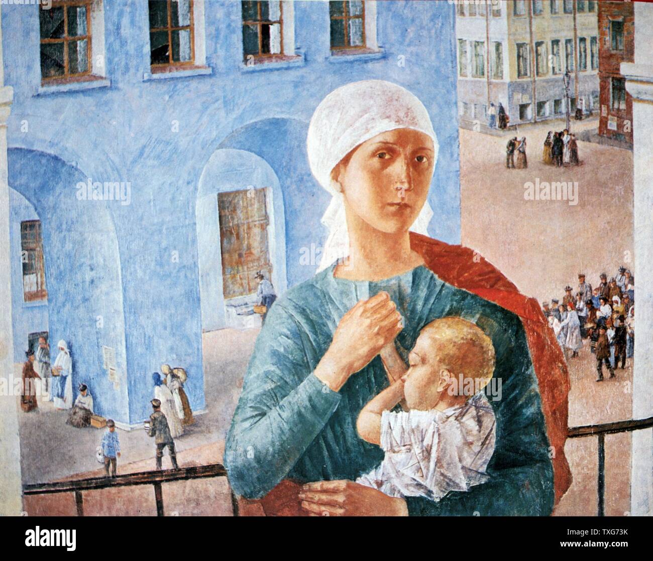 Kuzma Petrov-Vodkin Russian school 1918 in Petrograd - Young mother on balcony clasps her child. In the street below people go about their activities Oil on canvas Stock Photo