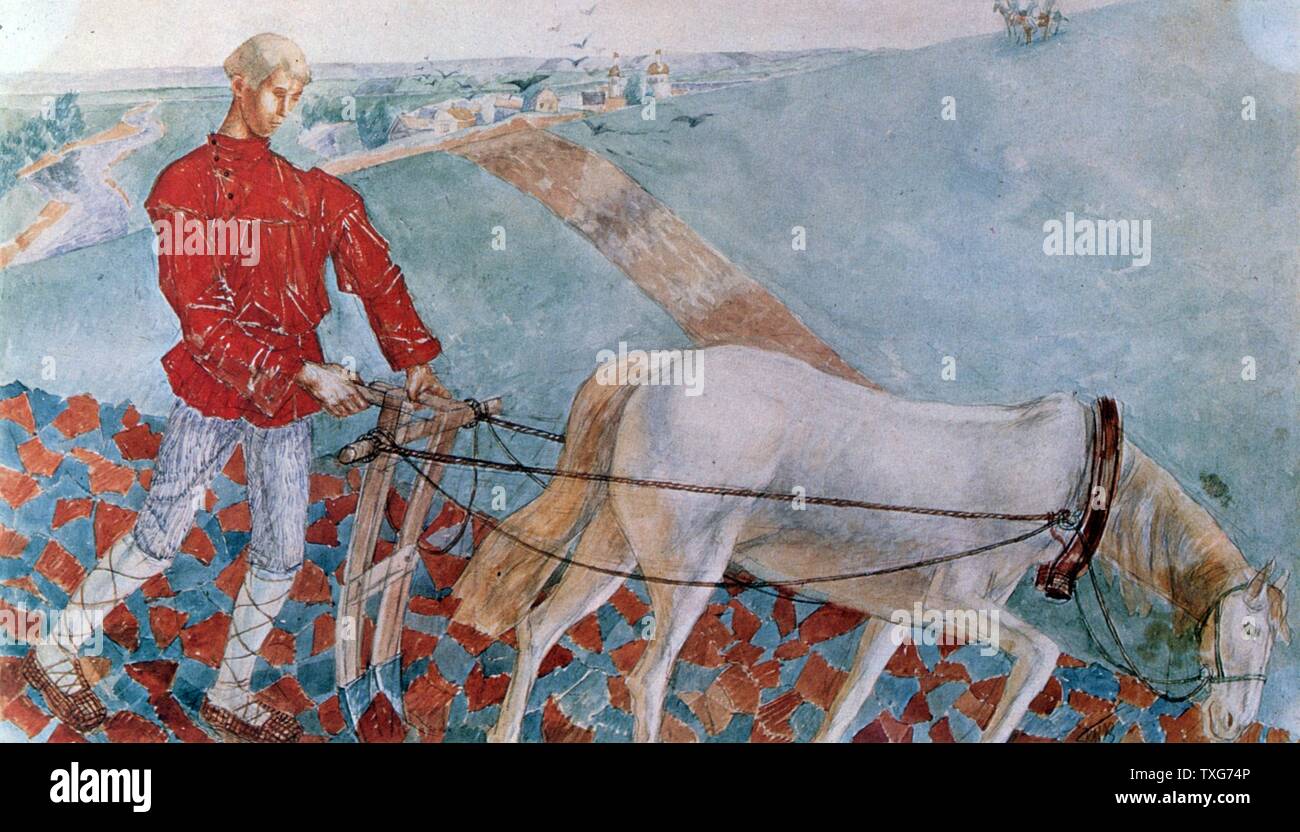 Kuzma Petrov-Vodkin  Russian school Man ploughing with a white horse  Watercolour on paper  Patriotism Agriculture Stock Photo